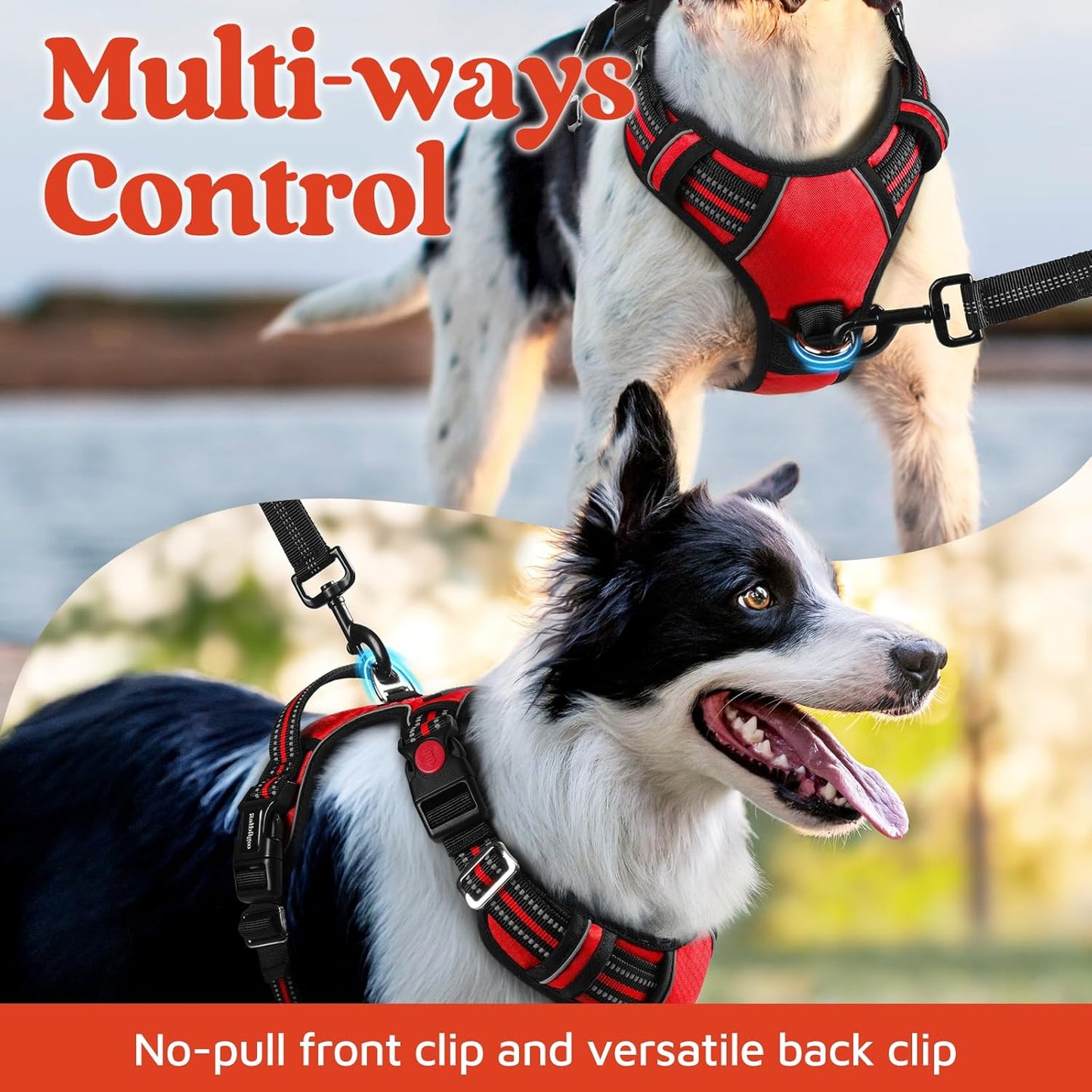 rabbitgoo Dog Harness Small Sized, No Pull Dog Vest with 3 Buckles, Adjustable Soft Padded Pet Harness with Easy Control Handle and Reflective Strips, Red, S