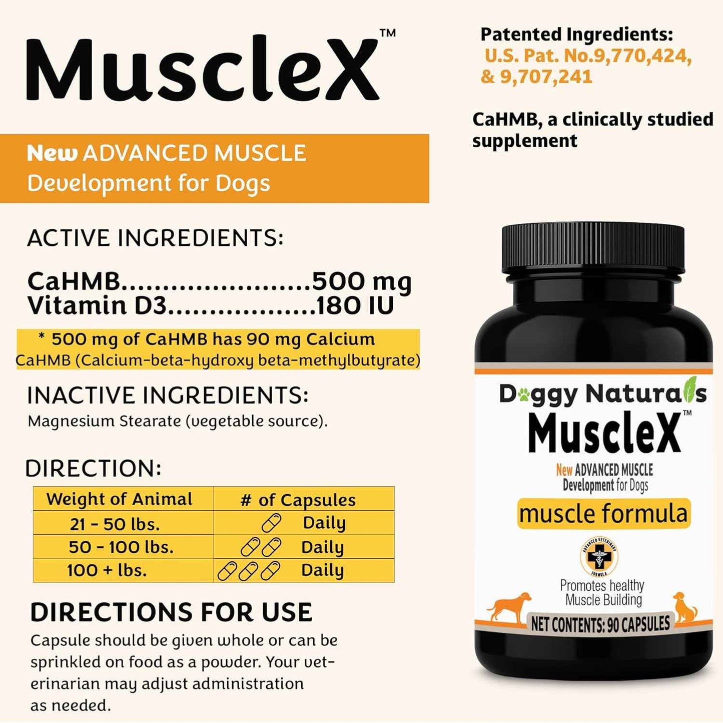 MuscleX™ Canine Muscle Formula Dogs with CaHMB 500 mg and Vitamin D3 - Natural Muscl Building Formula - Helps Reduce Muscle Loss Due to Normal Aging and Improves Recovery from Injury (90 Capsules)