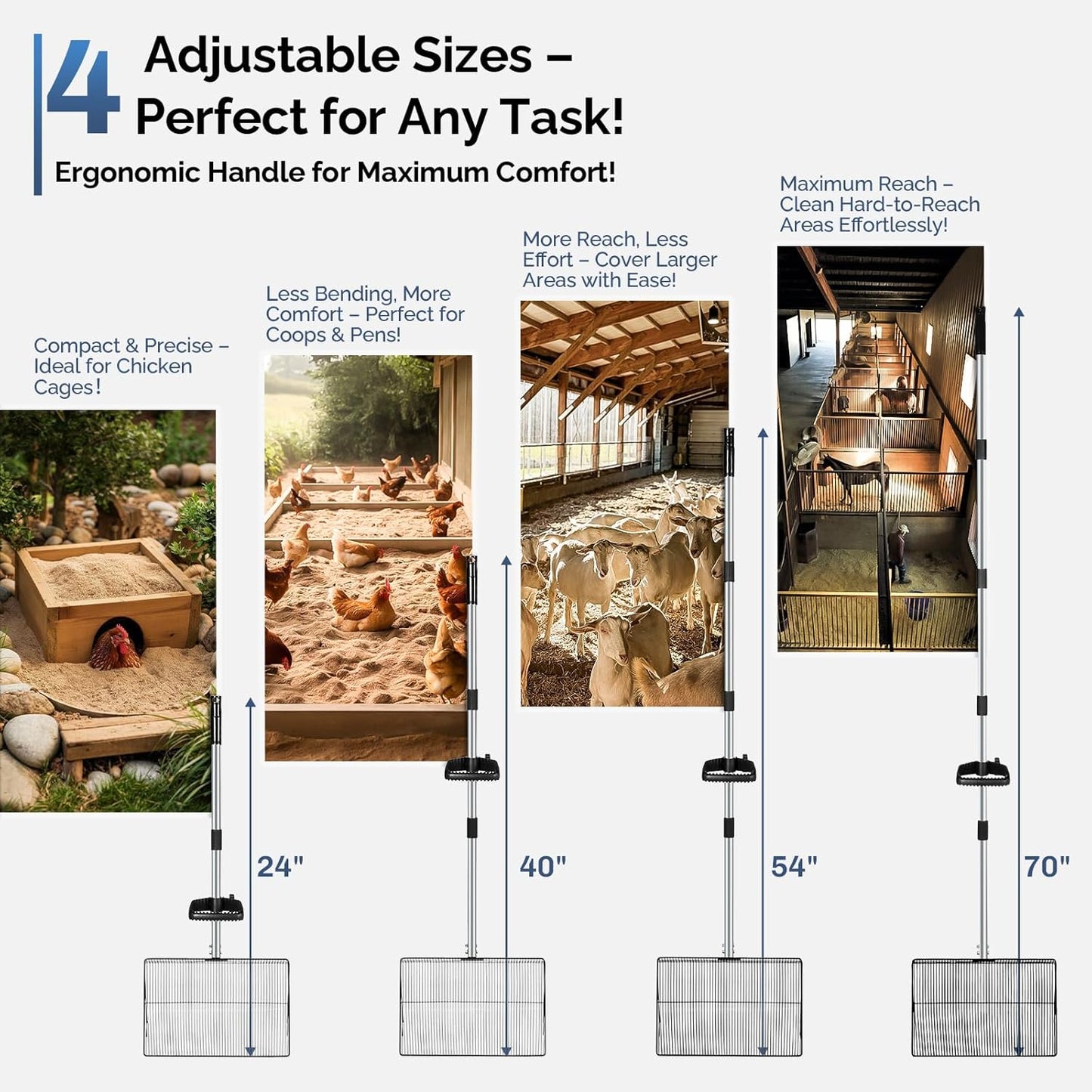 15" Extra-Wide Chicken Poop Scooper – Ergonomic Adjustable Handle (24-70in), Stainless Steel Sifting Shovel Deep Litter Cleaning for Chicken Coops, Goat - Chicken Coop Scoop for Sand, Straw, Hemp