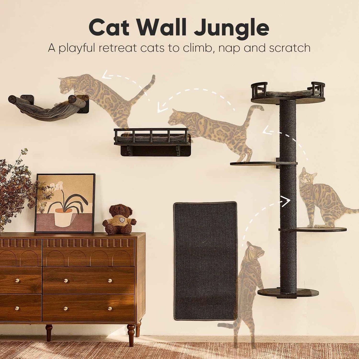 FUKUMARU Cat Wall Shelves, 4 in 1 Stable Wooden Wall-Mounted Furniture Set, Climbing Tree with Hammock, Bed, Perch and Scratching Mat (Black)