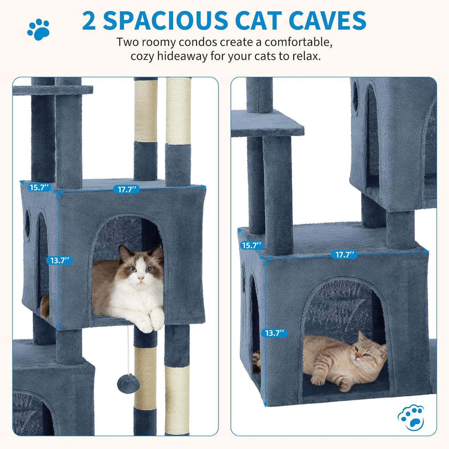 GarveeLife 61" Multi-Level Cat Tree for Indoor Cats, Heavy-Duty Tower for Large Adult & Maine Coon Cats with Oversized Perch, Dual Condos, Natural Sisal Scratching Posts & Play Toys – Light Blue