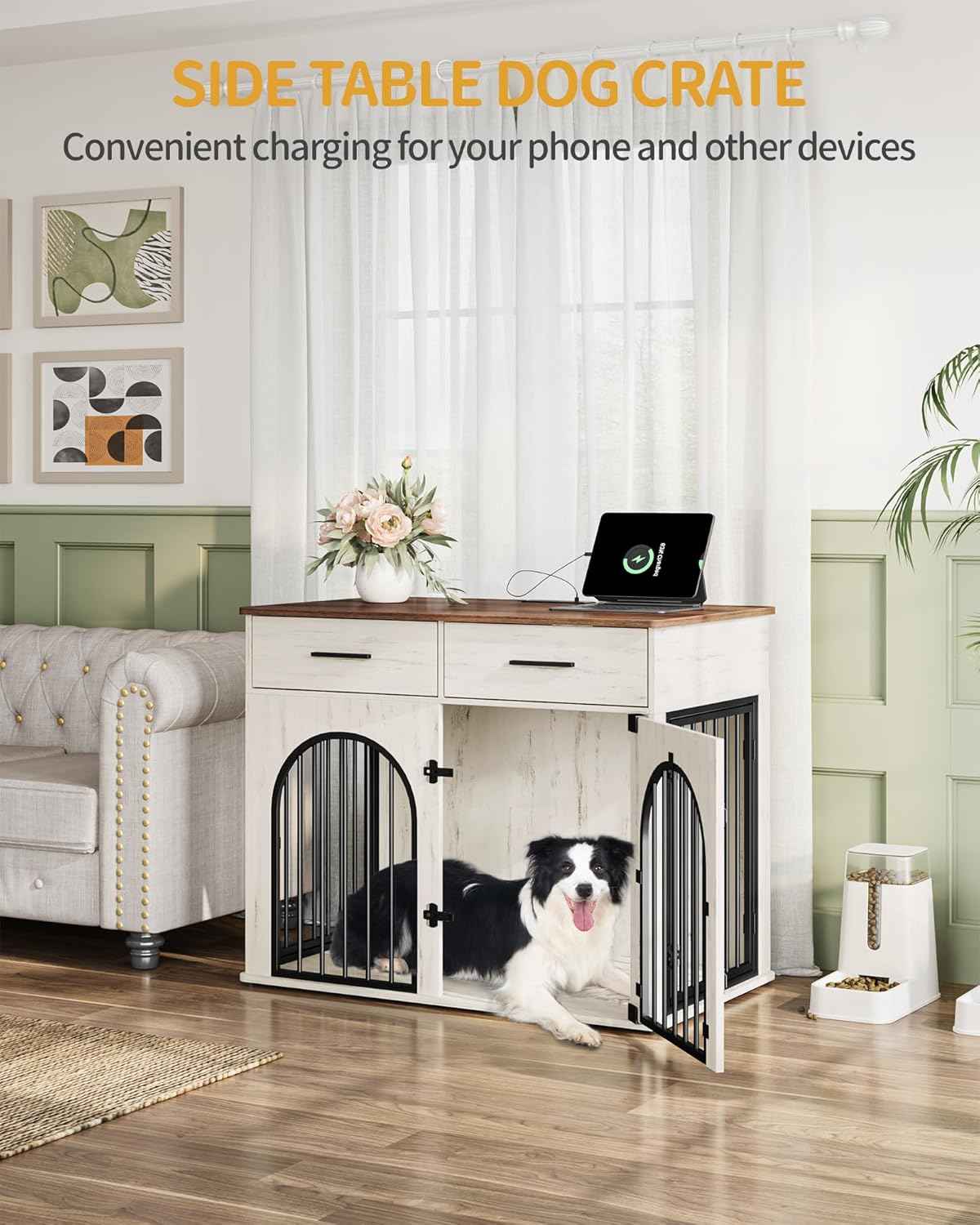 Hzuaneri 39.4'' Large Dog Crate Furniture with 2 Storage Drawers, Heavy Duty Dog Kennel Indoor with Charging Station, Wooden Dog Cage End Table Kennel for Medium/Large Dogs, White Brown DFC84214B