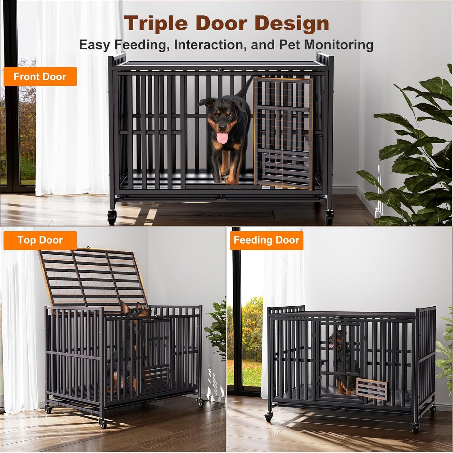 Heavy Duty Dog Crate, Reinforced Thickened Steel Frame Indestructible Kennel for Large & High Anxiety Dogs, Escape Proof Design with 3 Doors, 4 Lockable Wheels and 2 Removable Trays (48 Inch)