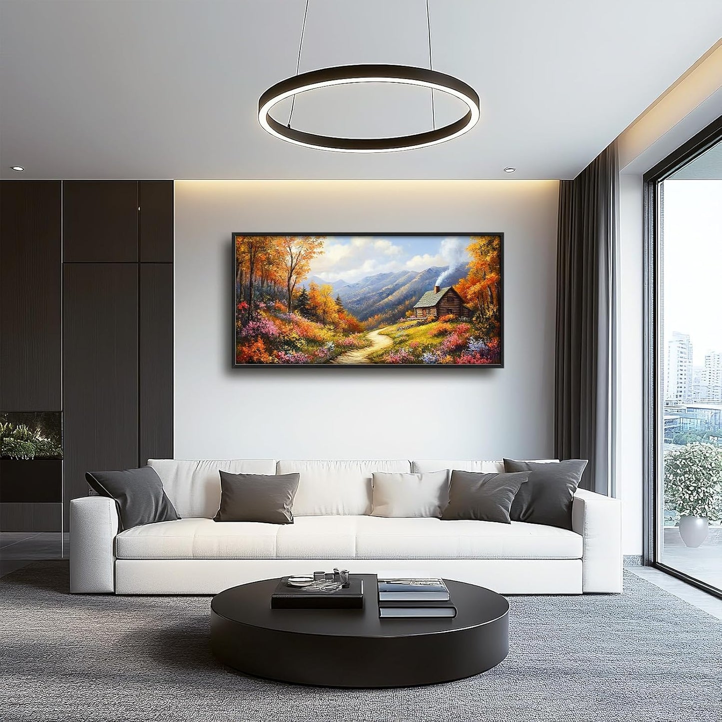 Framed Large Autumn Mountain Wall Art for Living Room, Oversized Wildflower Tree Wall Decor Nature Landscape Canvas Painting Modern Artwork Home Decoration for Living Room Bedroom 60"x30"