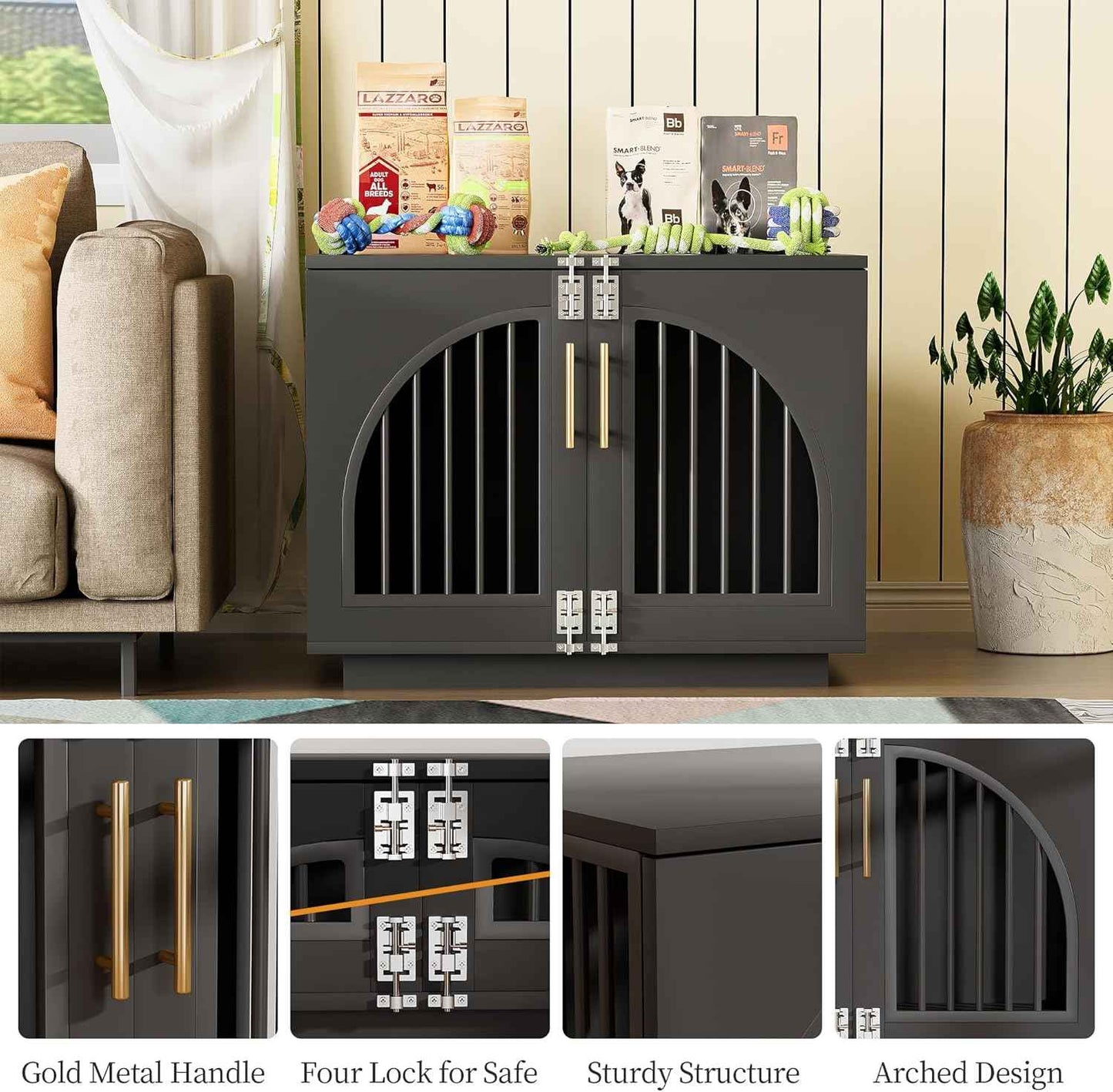 Kepptory Wooden Dog Crate Furniture End Table, Decorative Pet Kennel with Double Doors & Secure Latches for Small Medium Dogs, Black