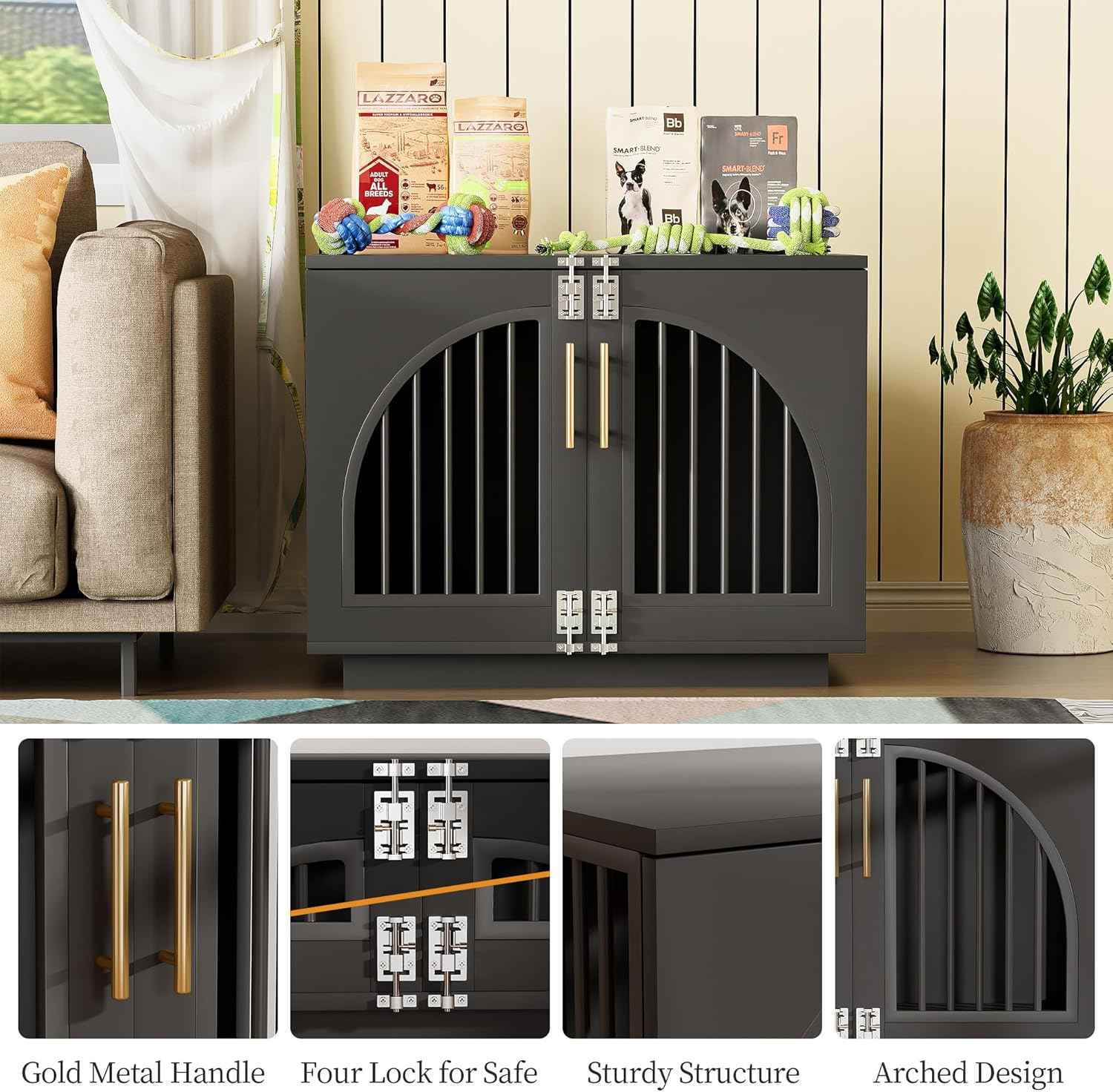 Kepptory Wooden Dog Crate Furniture End Table, Decorative Pet Kennel with Double Doors & Secure Latches for Small Medium Dogs, Black