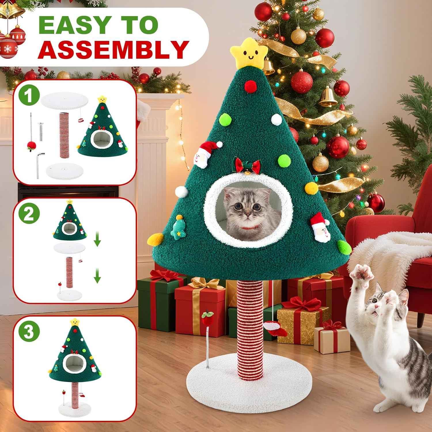 Dansydaisy 36.6 Inch Christmas Cat Tower with Cat Scratching Post and Green House Scratcher Tall Tree Tower Nature Sisal Christmas Tree Scratcher Activity Center Play Condo for Indoor