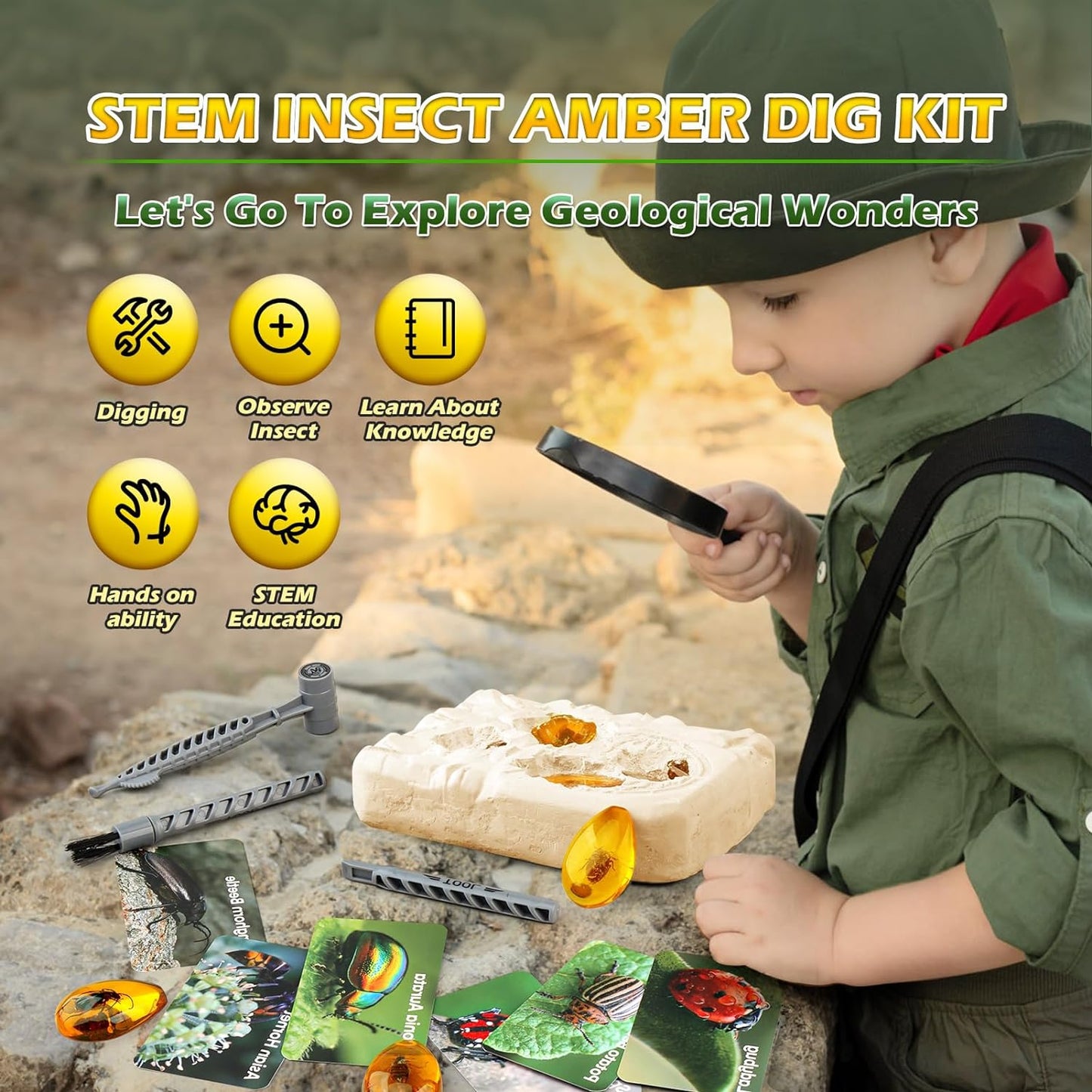 Amber Dig Kit - Insects in Resin, 8 Insects Specimens Excavation Kit, Gemstone Bugs for Kids, Fossil Bug Toys Dig Kits for Bugs Collection, Insect Toys for Boys Girls 6 and up Year Old Birthday Gifts