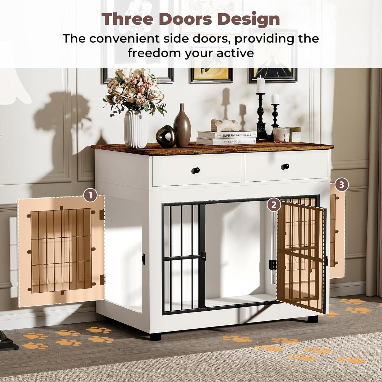 Farmhouse Dog Crate Furniture- 40 inch Dog Kennel with Drawers-Heavy Duty End Table Wooden Pet Crate, Decorative Dog House Indoor for Small Medium Large Dog, White
