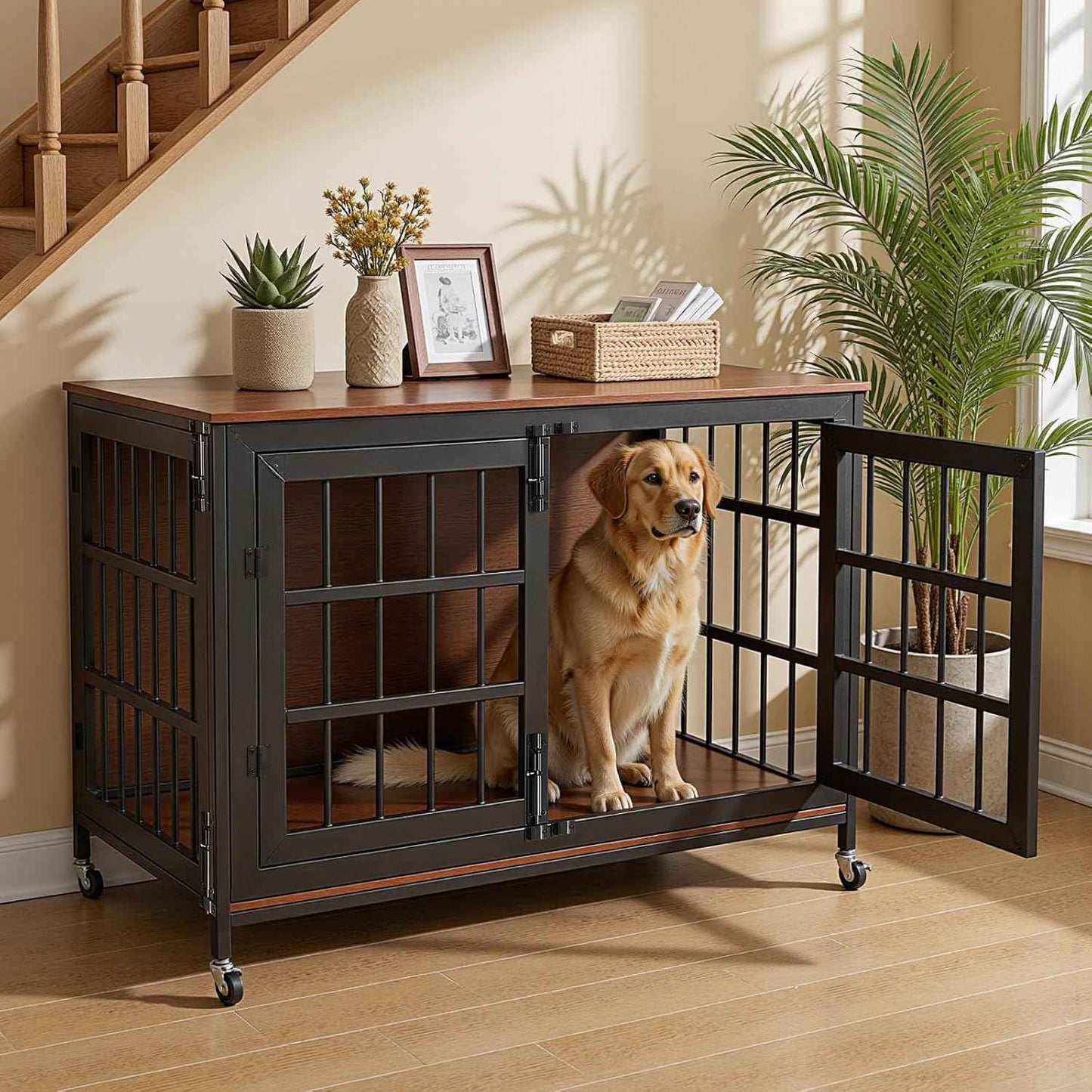 41 Inch Heavy Duty Dog Crate Furniture, Dog Kennel Furniture for Large and Medium Dogs, with Lockable Wheels & Adjustable Feet, Three-Door Metal&Wooden Cage House Furniture, Black