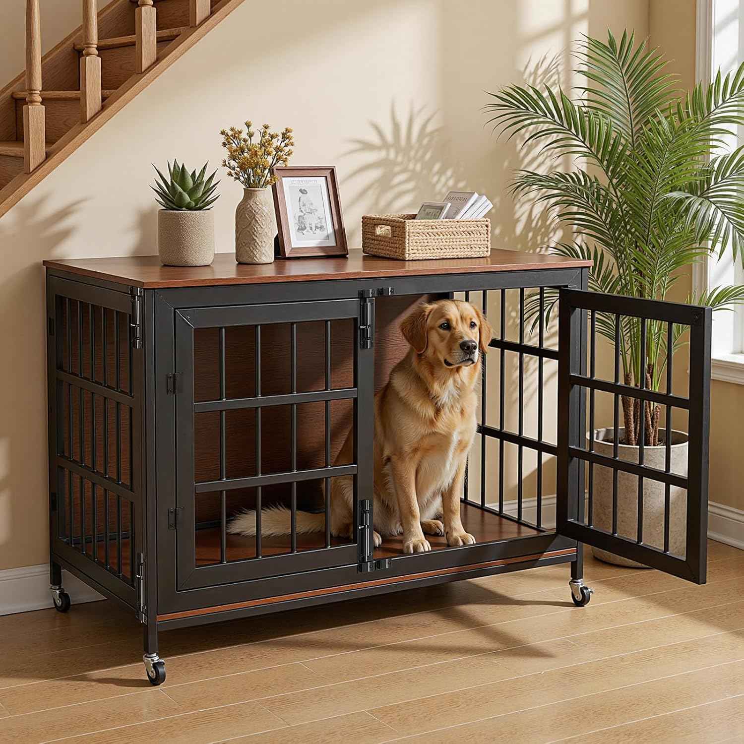41 Inch Heavy Duty Dog Crate Furniture, Dog Kennel Furniture for Large and Medium Dogs, with Lockable Wheels & Adjustable Feet, Three-Door Metal&Wooden Cage House Furniture, Black