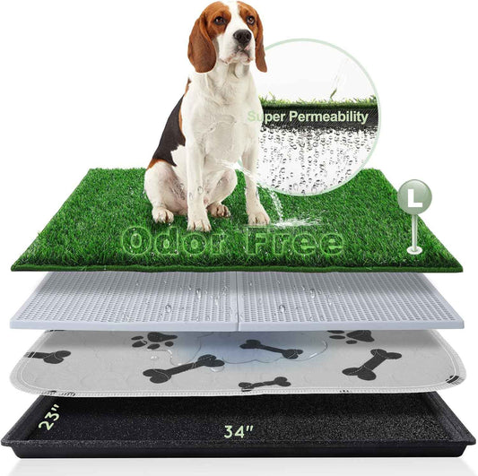 HQ4US 4LEGS Dog Grass Pad with Tray Large 34’’×23’’, Ultra-Absorbent Artificial Grass Pad for Dogs Potty Grass Hemmed Edge for Indoor Potty Training, Reusable Dogs Pee Pads, Dog Litter Box for Balcony