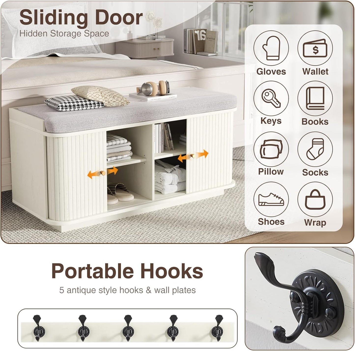 Cream White 39.4" W 2-Tier Shoe Bench with Storage | Entryway Bench with Padded Cushion, Sliding Doors & 5 Hooks