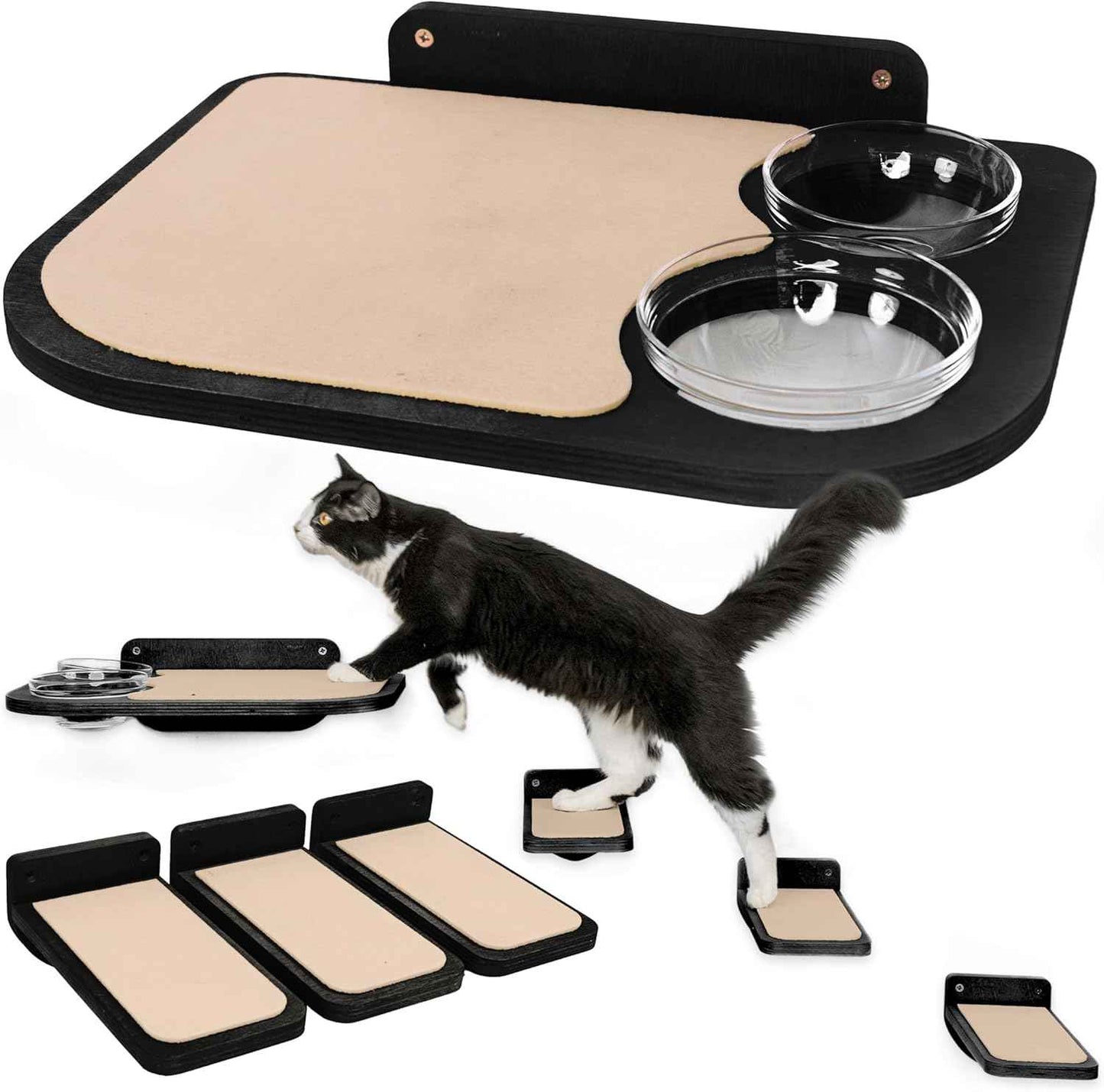 INICIO Cat Shelves – Dog Proof Feeding Station with Wall Mounted Shelves, 3 Steps for wall with Floating Shelf for Cats Up to 15lbs, Includes Cat Food Bowls for Convenient Feeding – Black