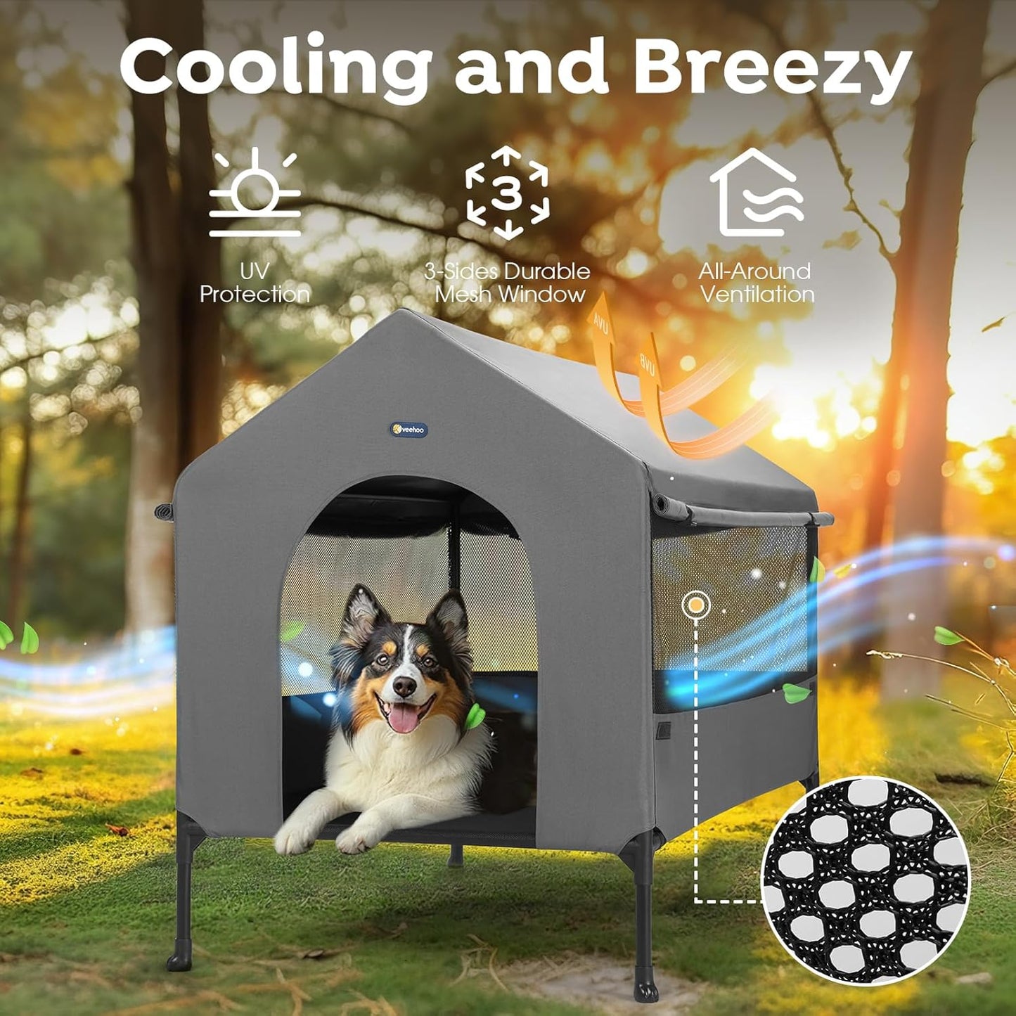 Veehoo 35" Dog House, 2-in-1 Large Dog House Outdoor Indoor Weatherproof, Outside Elevated Dog Cot Bed Dog Tent Shade, Three-Sided Breathable Mesh Windows and Sunshades, CWC2435CP