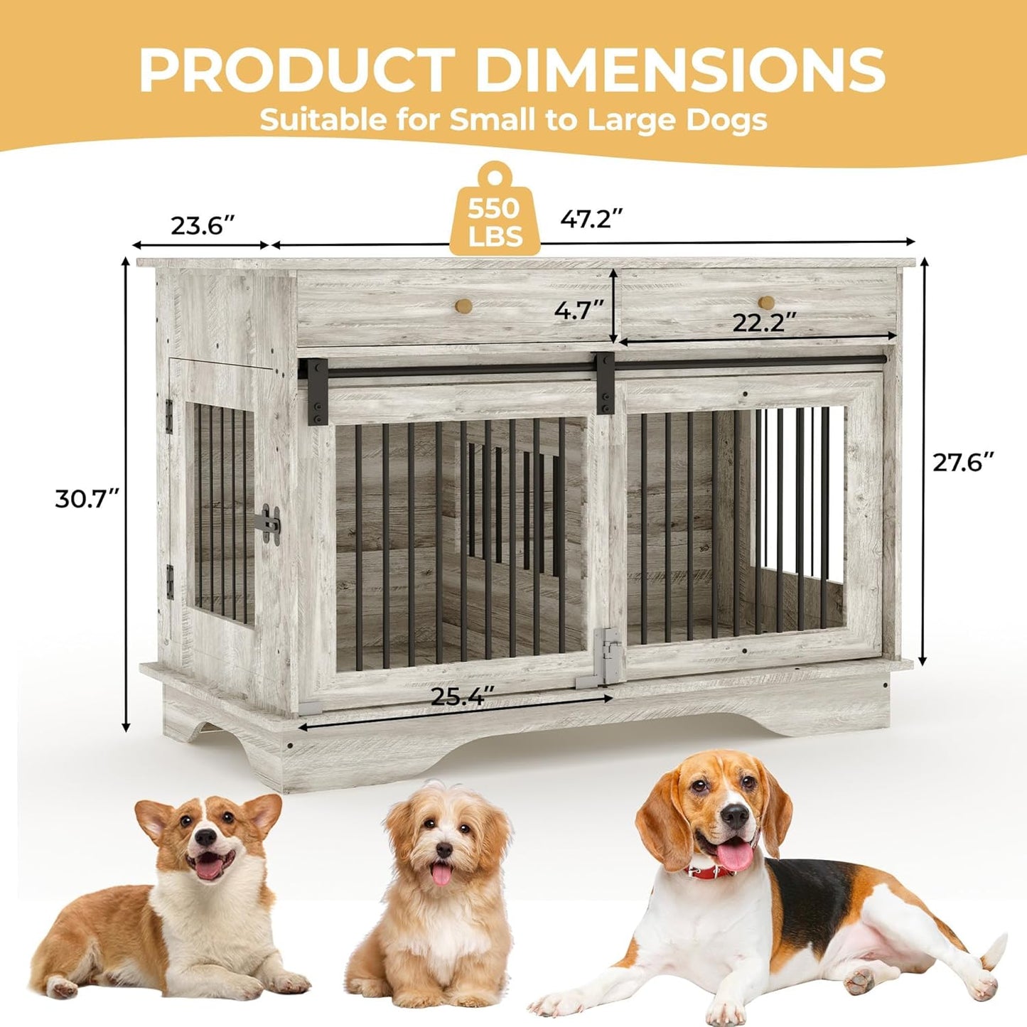 Dog Crate Furniture for 2 Dogs, 47" Double Dog Kennel with Removable Divider and 2 Drawers, Decorative TV Stand Side Table, Indoor Pet Cage for Large/Medium/Small Dogs New Grey