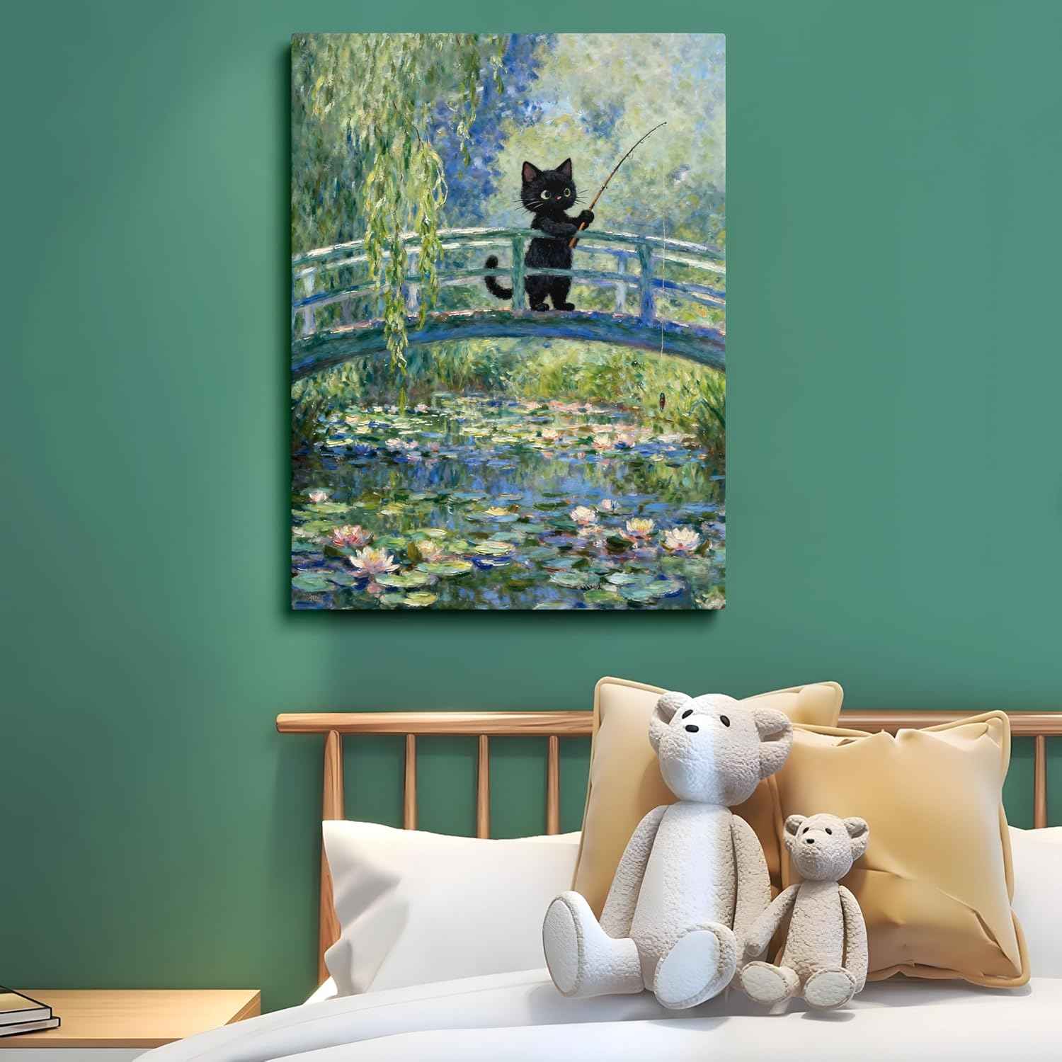 TimAsh Framed Monet Water Lilies Cat Wall Art, Vintage Canvas Art Wall Decor Funny Black Cat Aesthetic Posters Prints for Bathroom Bedroom Living Room Home Office Decorations 10L x 8W