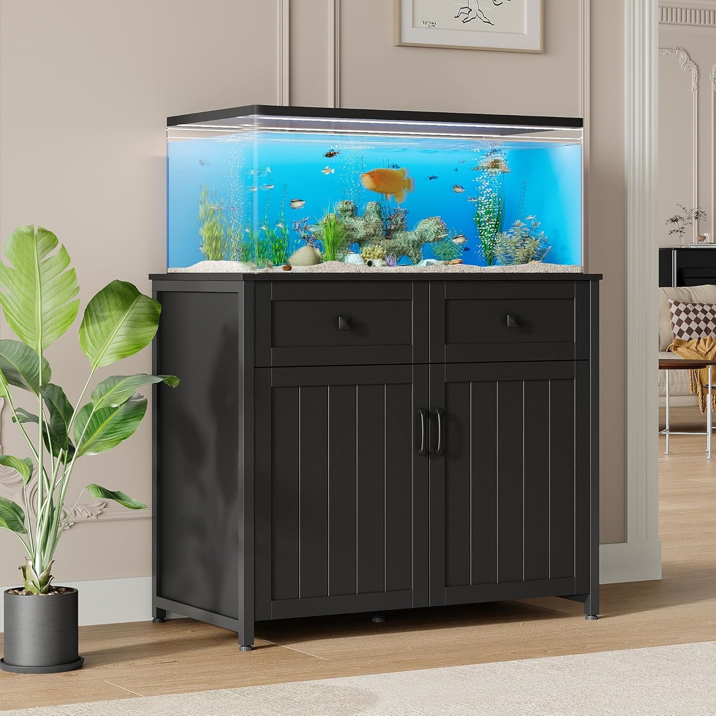 40-50 Gallon Aquarium Stand with Power Outlets, Cabinet for Fish Tank Accessories Storage, Heavy Duty Metal Fish Tank Stand Suitable for Turtle Tank, Reptile Terrarium, 660LBS Capacity, Black