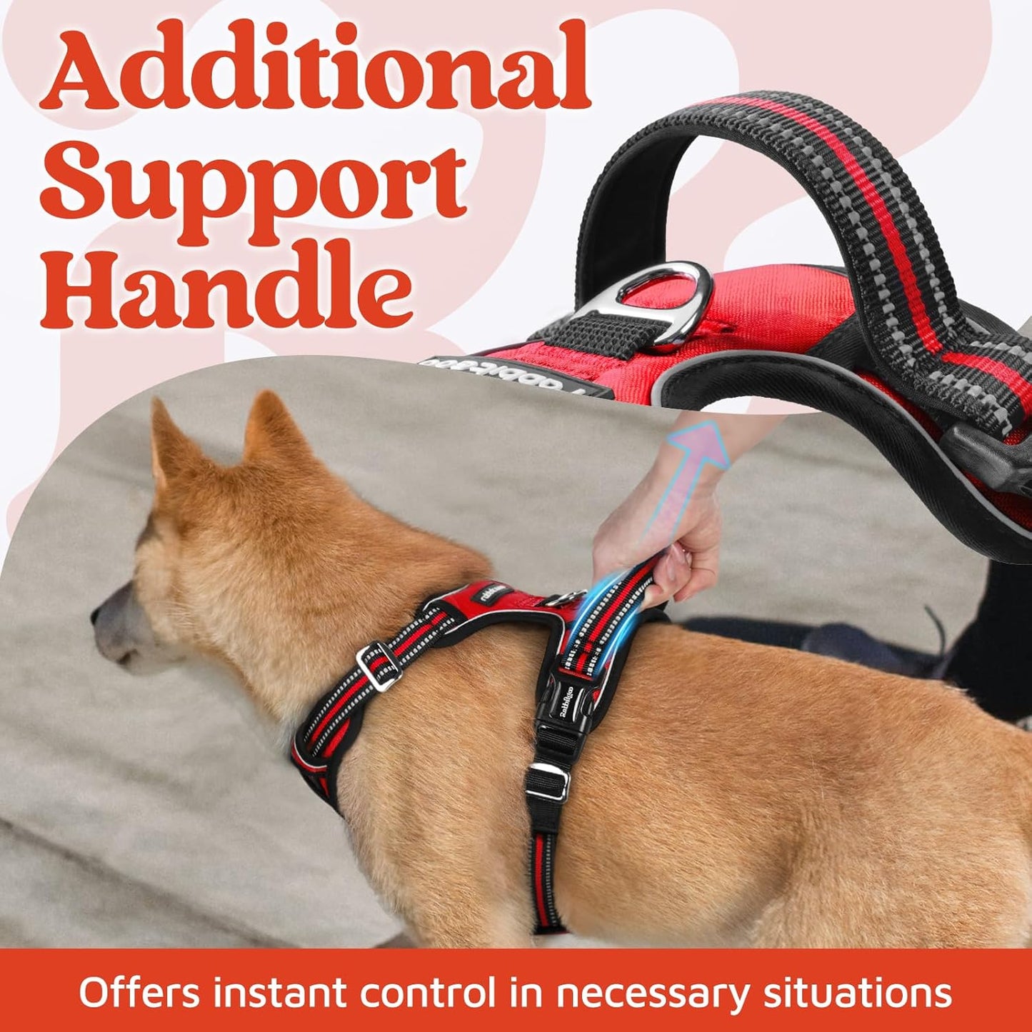 rabbitgoo Dog Harness Small Sized, No Pull Dog Vest with 3 Buckles, Adjustable Soft Padded Pet Harness with Easy Control Handle and Reflective Strips, Red, S