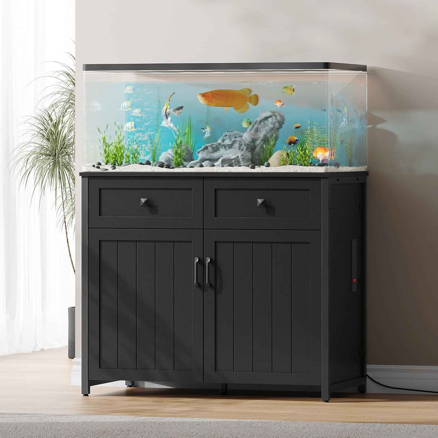 40-50 Gallon Aquarium Stand with Power Outlets, Cabinet for Fish Tank Accessories Storage, Heavy Duty Metal Fish Tank Stand Suitable for Turtle Tank, Reptile Terrarium, 660LBS Capacity, Black