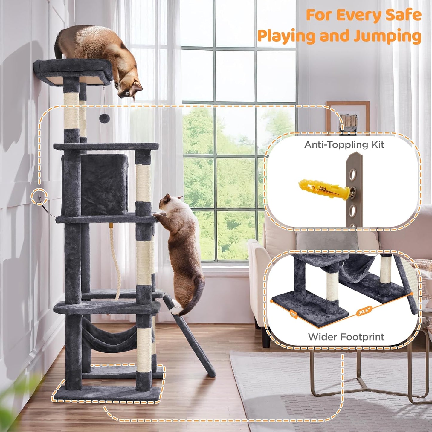 Yaheetech 63in Large Cat Tree for Heavy Cats up to 22lbs, Anti-Wobble Tower with Condo & Hammock, Space-Saving for Indoor Multi-Pet Households, Stops Furniture Scratching