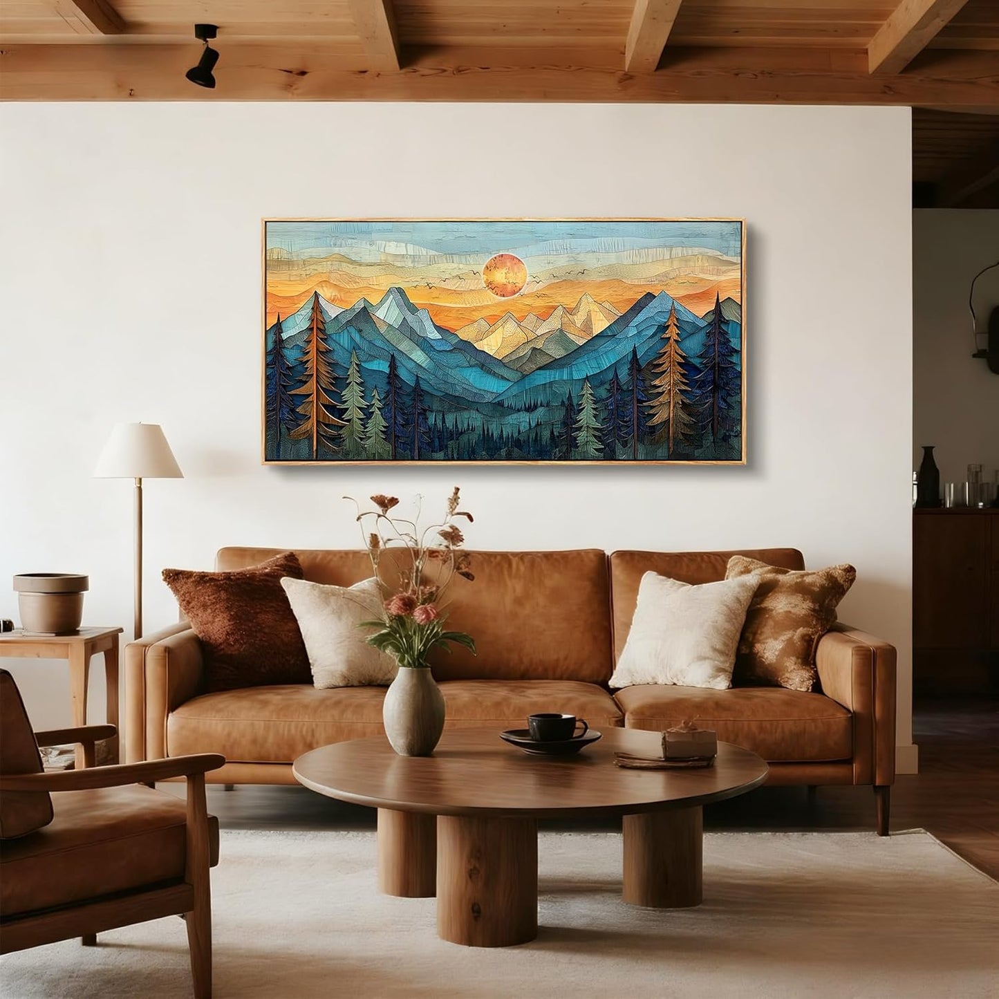 imjiayu Mountain Wall Art, Oversized Wall Art, Framed Artwork for Walls, Abstract Landscape Canvas Prints, Boho Sun Tree Paintings Wall Decor Living Room Bedroom Dining Room Home Office 29"x57"