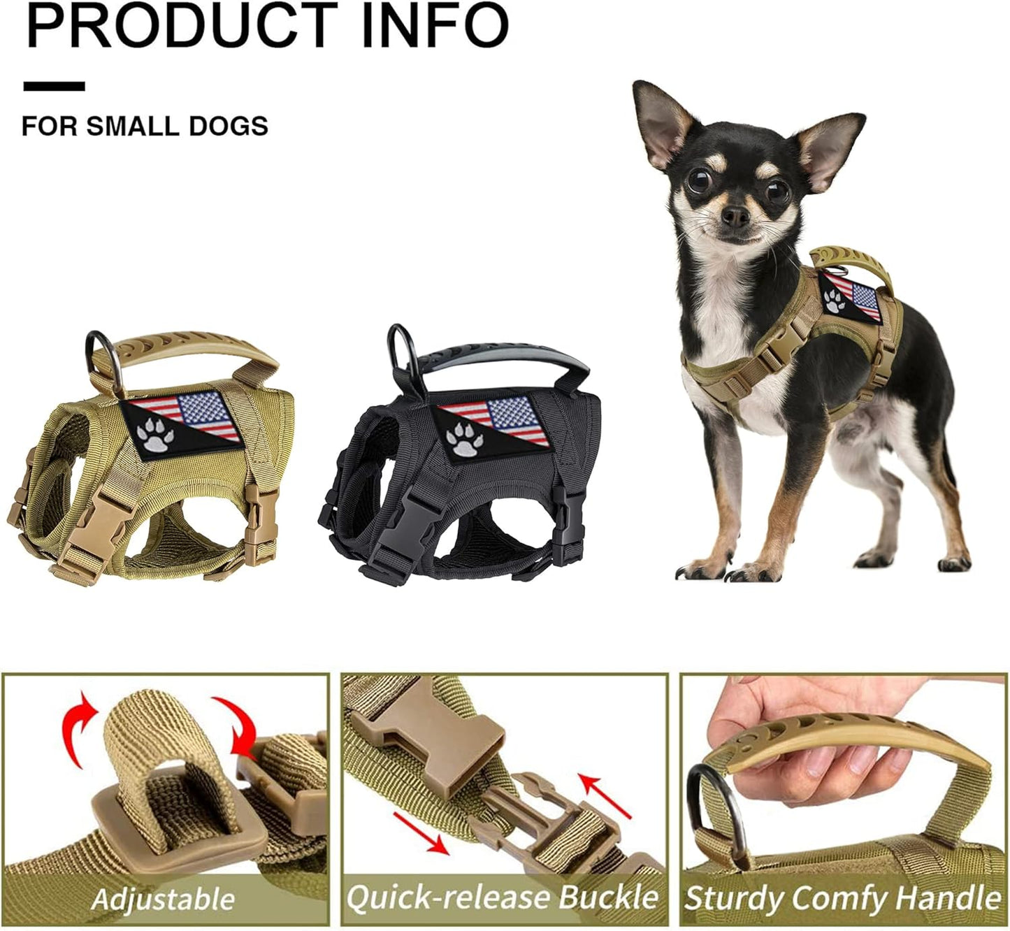 Tactical Dog Harness Tactical with Rubber Handle K9 Military Adjustable Puppy Pet Vest Harness for Outdoor Training XS (Brown Harness)