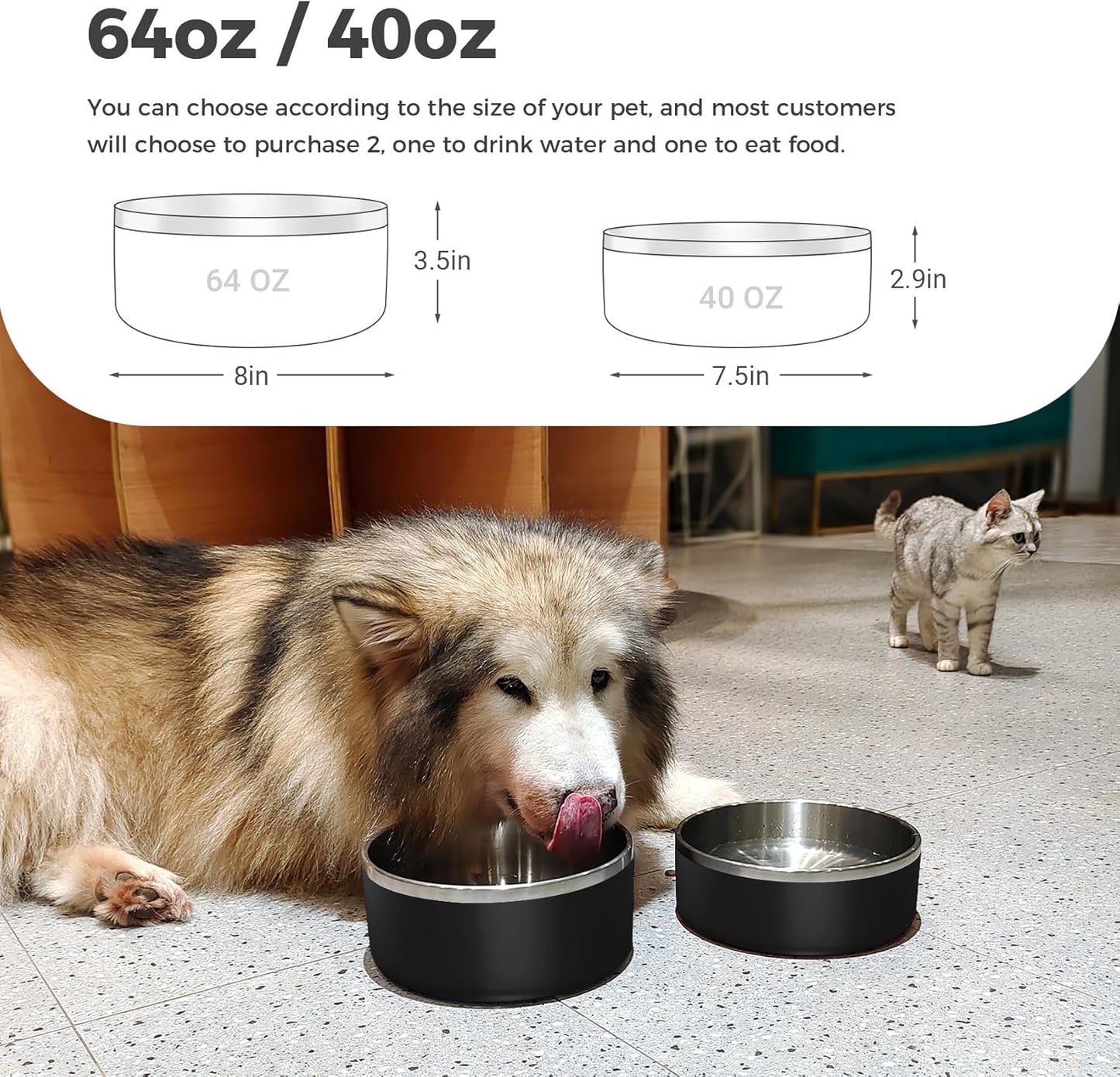 Dog Bowl, Stainless Steel Dog Food and Water Bowl with Non Slip Quiet Bottom, Easy to Clean, Dishwasher Safe, 64oz, Black