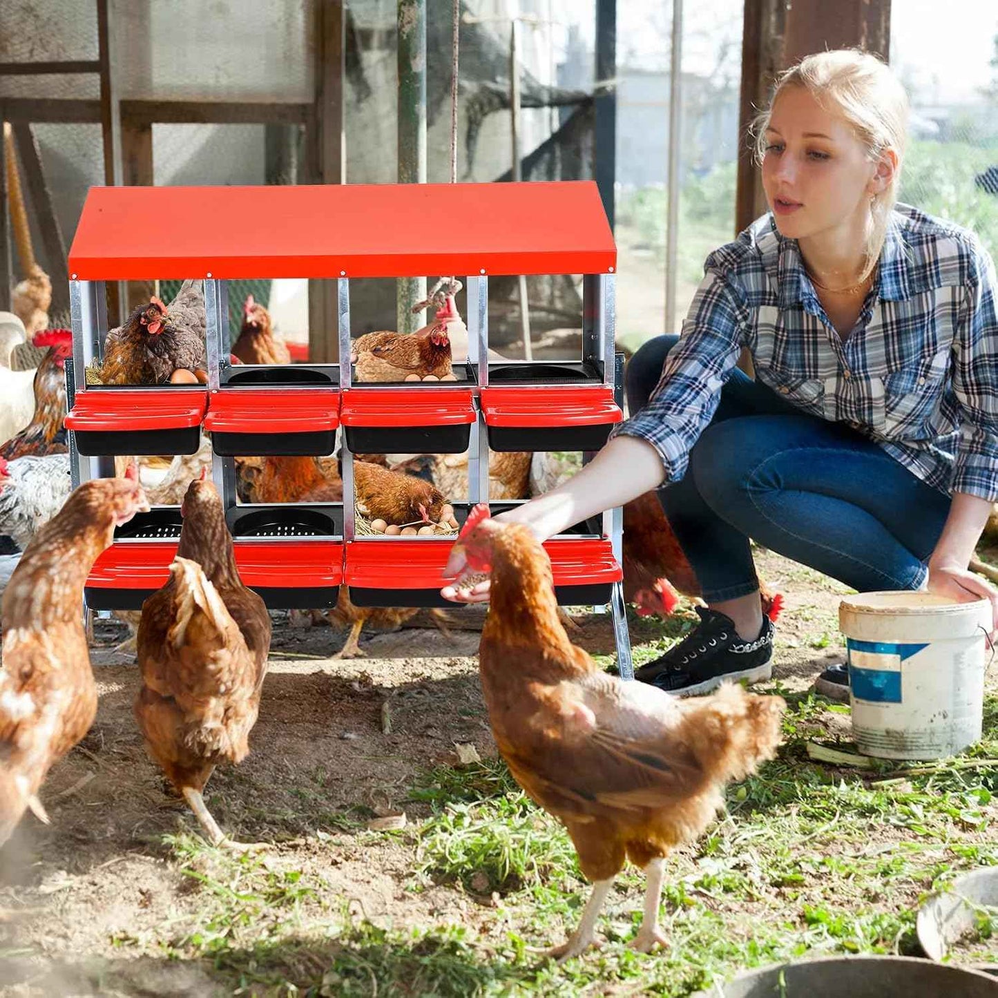 Garvee Chicken Nesting Boxes, 8 Hole Metal Chicken Laying Box with Removable Trays and Roll Out Egg Collection for Chicken Coop, Red, with Metal Legs