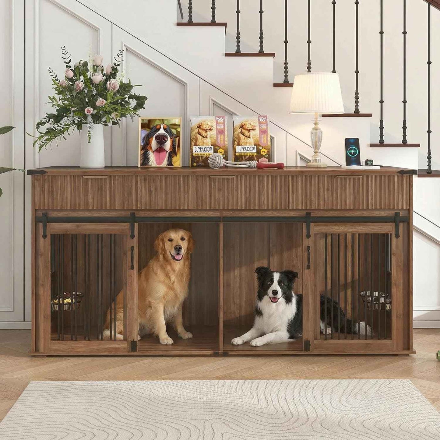 71'' Double Dog Crate Furniture for 2 Dogs, XXL Wooden Indoor Dog Kennel with 3 Fluted Drawers & Charging Station, Removable Divider, 360° Rotating Feeder, TV Stand or Side Table, Walnut