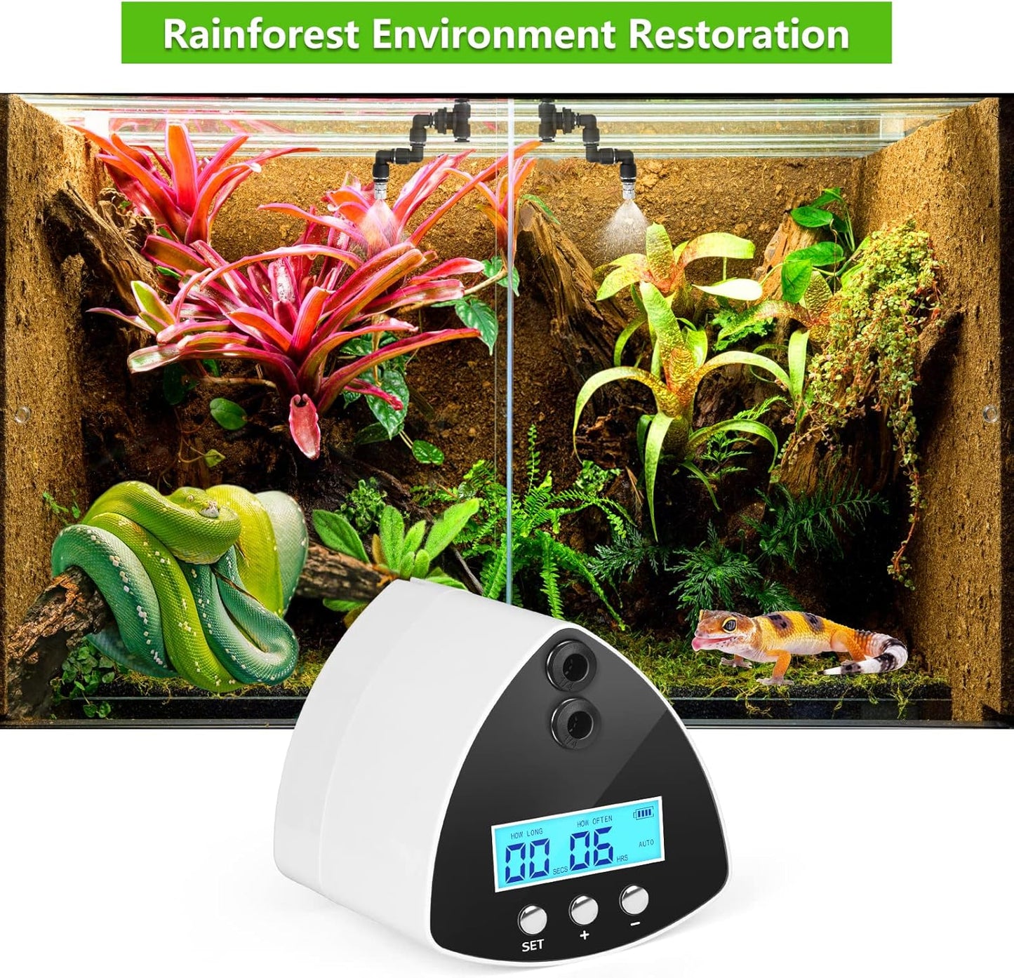 Reptile Misting System | Automatic Humidifier with 2 Nozzles, LCD Screen & Timer for Terrariums