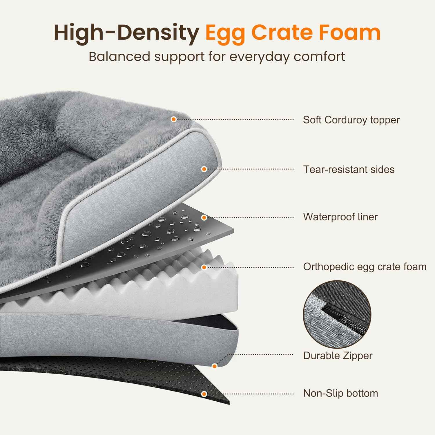 Orthopedic Dog Bed for Extra Large Dogs, 45 x 30 Inch Waterproof Egg Crate Foam XL Dog Couch Bed with Sides, Washable Removable Cover, Non Slip Bottom, Light Grey