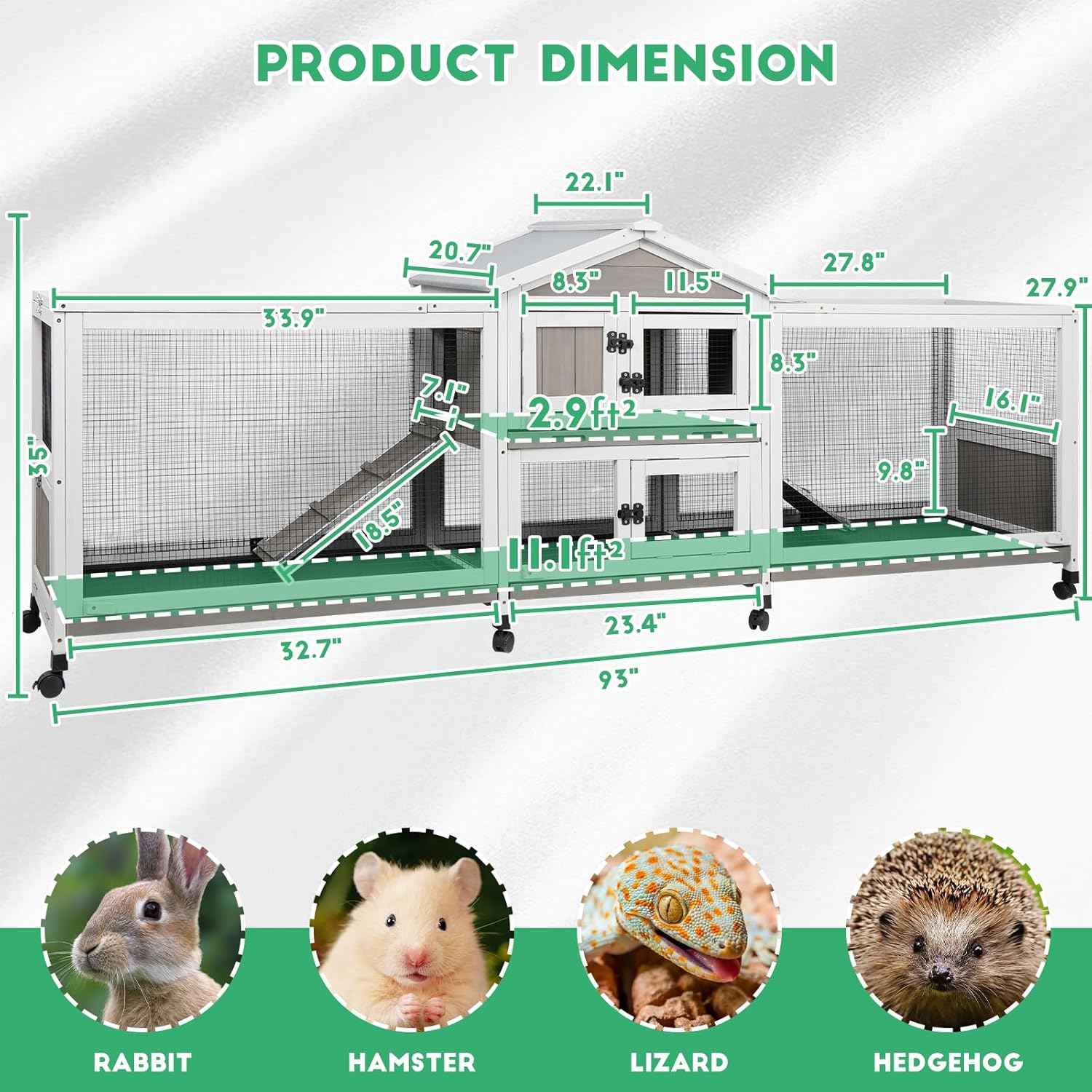 93” Large Rabbit Hutch Outdoor with Run, Wooden Expandable 2 Story Bunny House Rabbit Cage Indoor with 8 Wheels, Waterproof Roof, 4 Pull Out Trays, Guinea Pig Cage for Small to Medium Pets