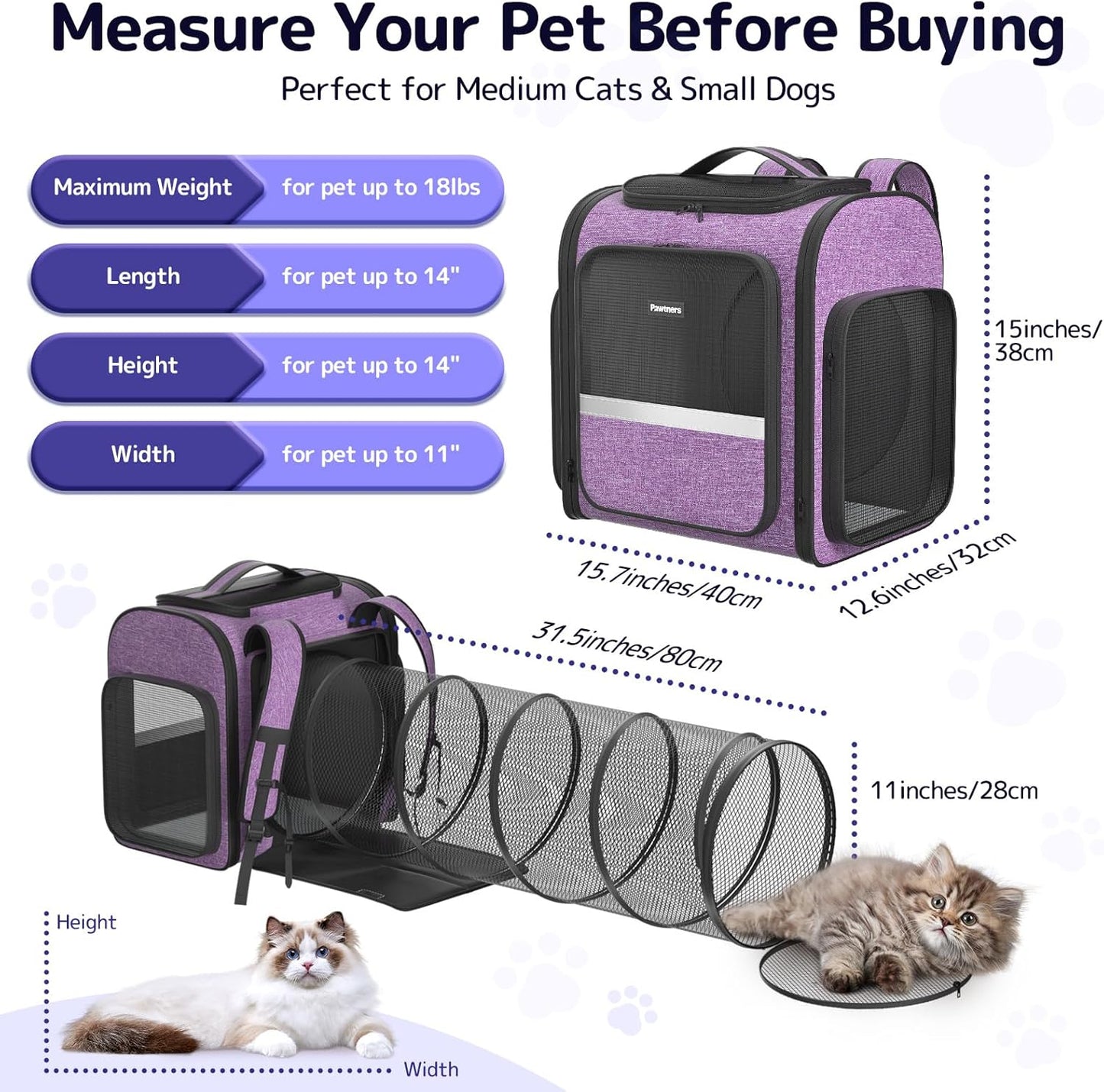 Pawtners Cat Carrier Backpacks Expandable Cat Backpack with Breathable Mesh, Pet Carrier Backpack for Cats Small Dogs Puppies Up to 18 Lbs, Dog Carrier Backpack for Travel Hiking Camping Outdoor