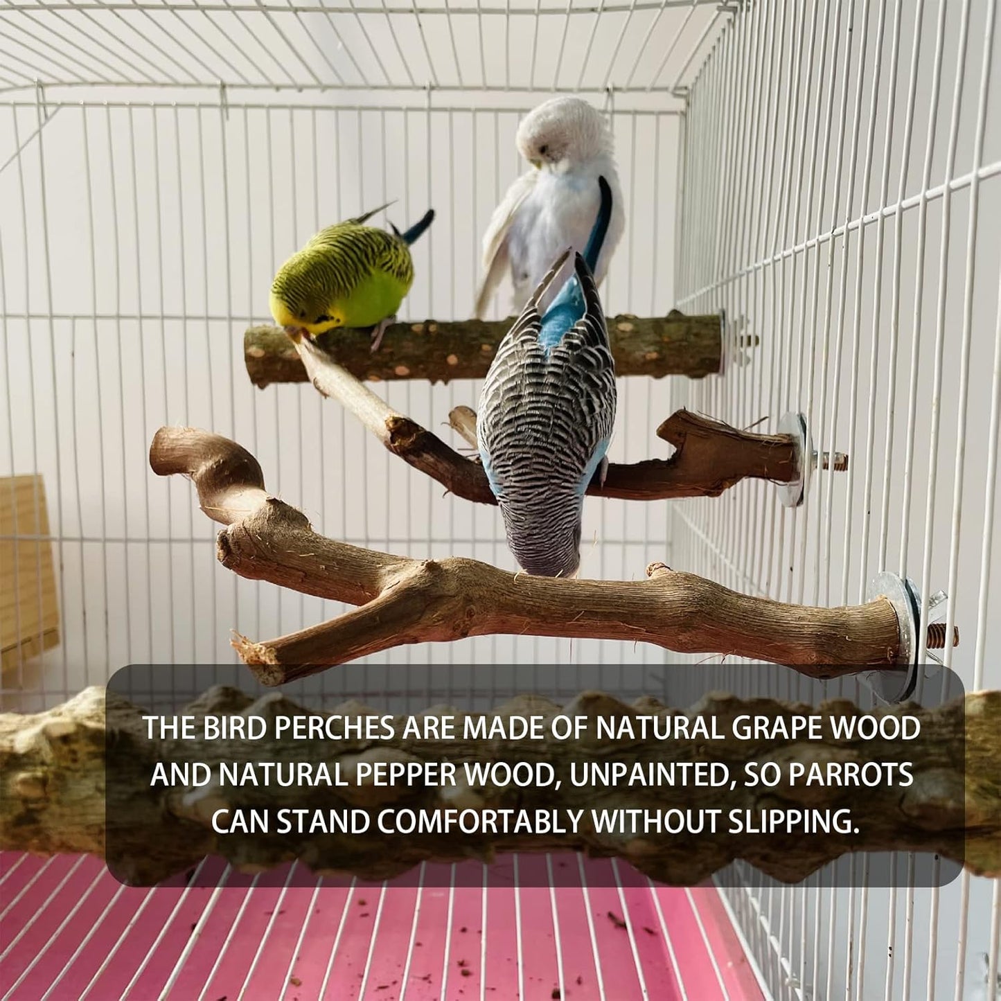 5PCS Bird Perch Stand Natural Wooden Parrot Stand Branch,3 Grape Wood Perch,2 Stand,Paw Grinding Fork Parakeet Chewing Stick Exercise Training Branches for Cockatiels,Small Medium Birds