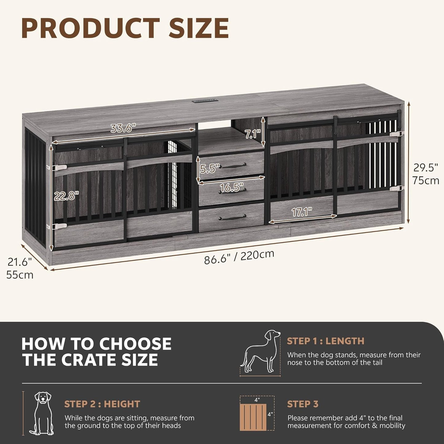 86.61" Large Double Dog Crate Furniture with 3 Storage Drawers Farmhouse Dog Kennel TV Stand Indoor for 2 Large Medium Dogs Decorative Dog Cage with Sliding Barn Door & Power Outlets Grey