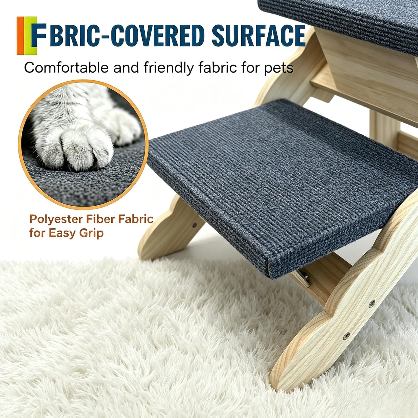 Wooden Dog Stairs, 2-in-1 Floded Flat Design Dog Steps for Beds Cars Couch, Anti-Slip Pet Ramp with 3 Steps, Indoor Pet Stairs for Small Medium Large Pet, up to 150 lbs