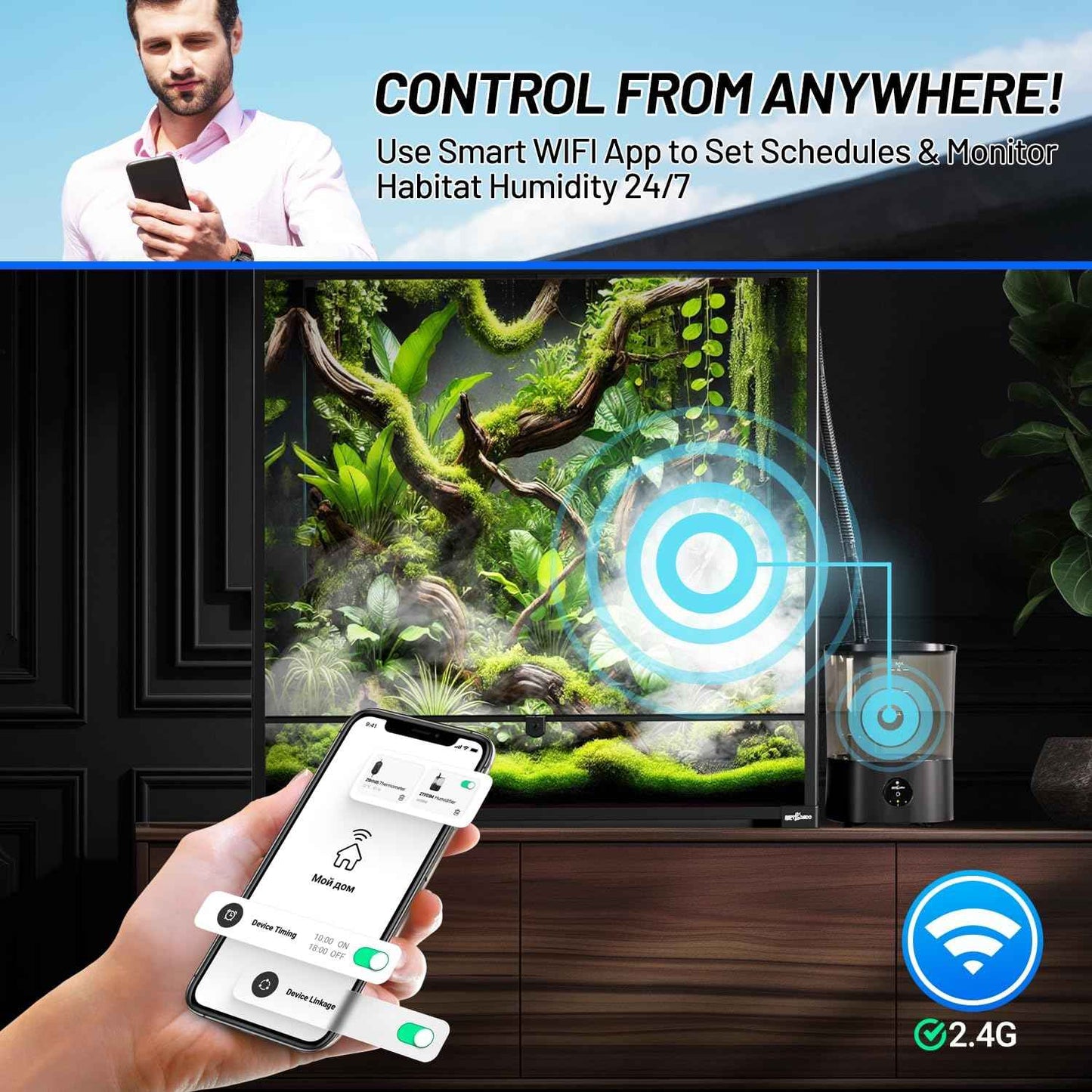 REPTI ZOO Smart WiFi Reptile Fogger with Timing, 4L Reptile Terrariums Humidifier, Fog Machine Mister for Chameleon Frog Turtle Gecko | Misting System Spray Kit for Amphibia, Plants | Linkage Control