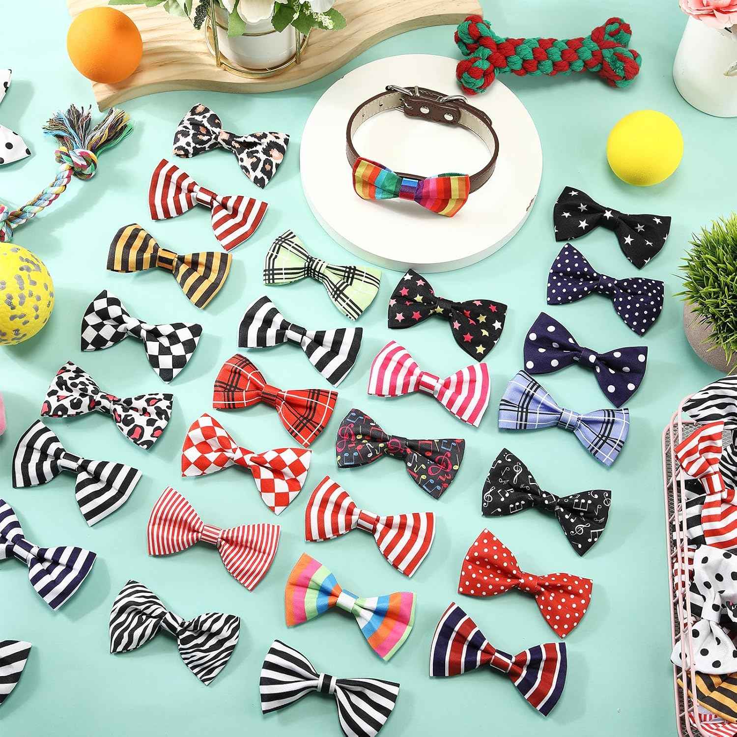 Reginary 50 Pieces Dog Bow Ties Pet Collar Bow Puppy Collar Attachment with Rubber Bands for Small Medium Cat Pet Grooming Charms Accessories Wedding Birthday Occasion(Stripe Style)
