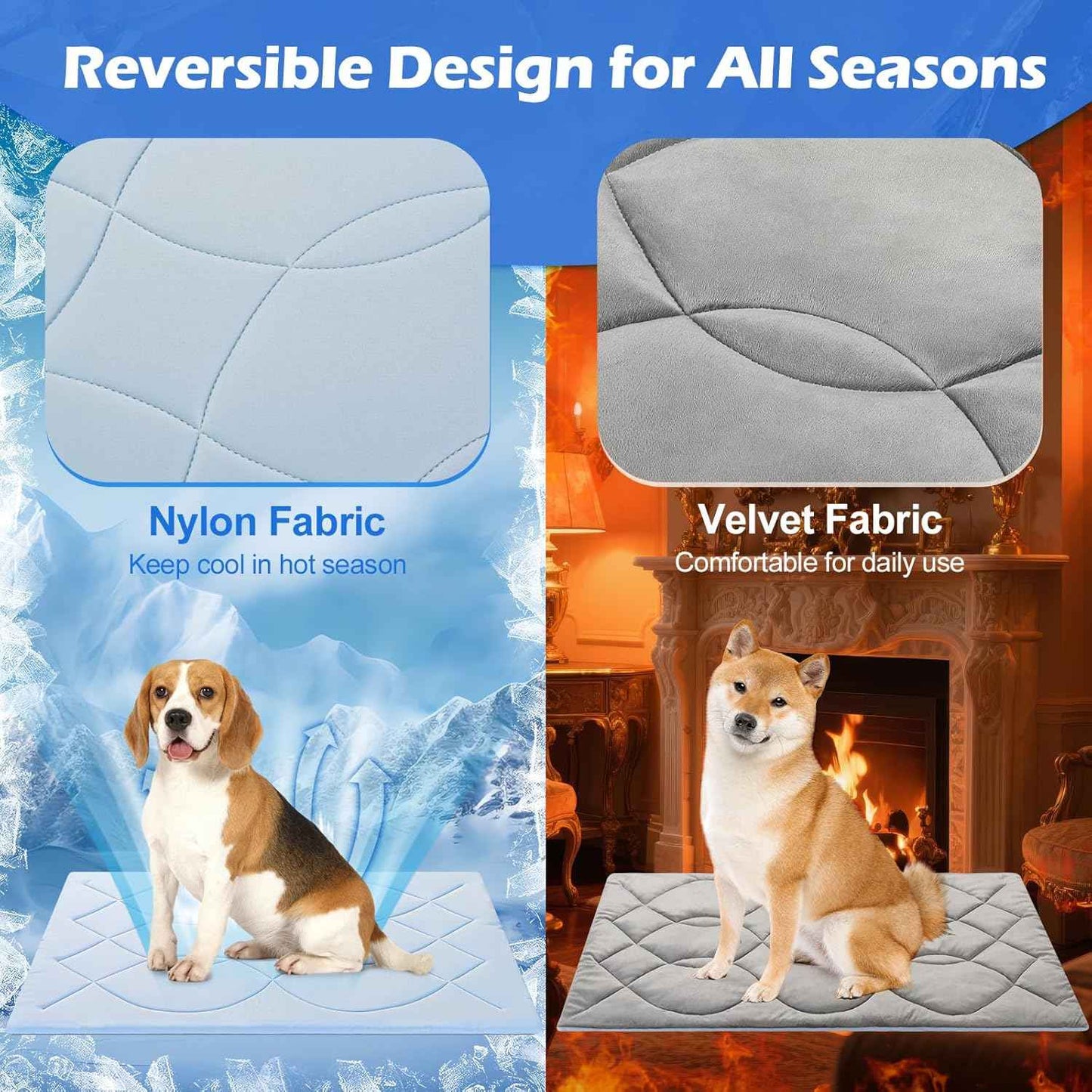 Dog Cooling Mat, 48'' × 28'' Large, Q-Max>0.4 Self-Cooling Mat for Dog Reversible (Cool & Warm), Double-Sided Pet Cool Pads for Summer, Crate, Kennel, Machine Washable, Non-Gel, Blue+Grey