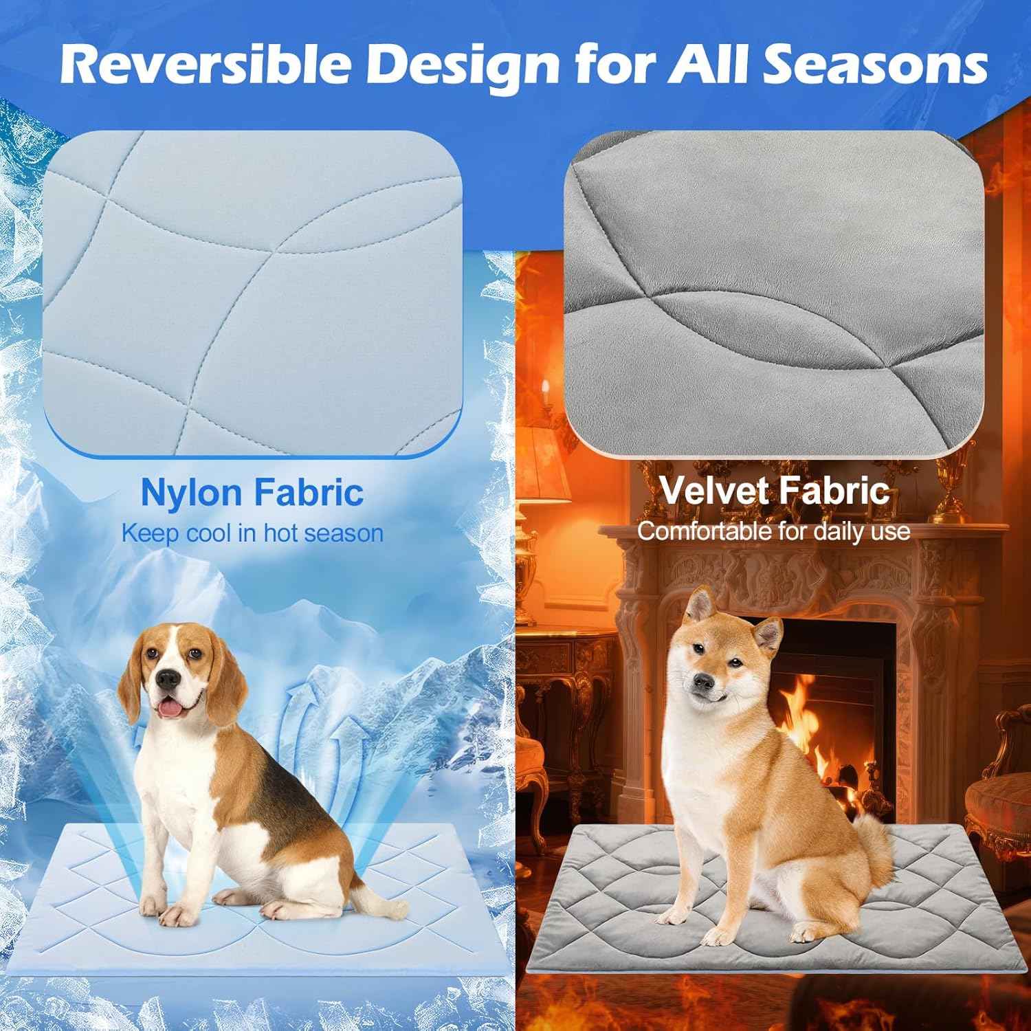Dog Cooling Mat, 48'' × 28'' Large, Q-Max>0.4 Self-Cooling Mat for Dog Reversible (Cool & Warm), Double-Sided Pet Cool Pads for Summer, Crate, Kennel, Machine Washable, Non-Gel, Blue+Grey