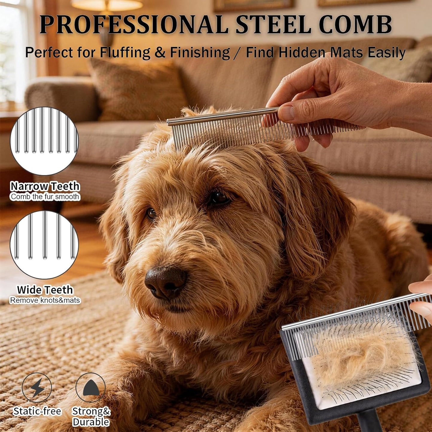 Dog Slicker Brush for Goldendoodles, Poodles & Long Haired Dogs - Long Pin Doodle Brush & Pet Comb Kit Removes Tangles Loose & Knots, Professional Grooming Tools with Wooden Handle, Black