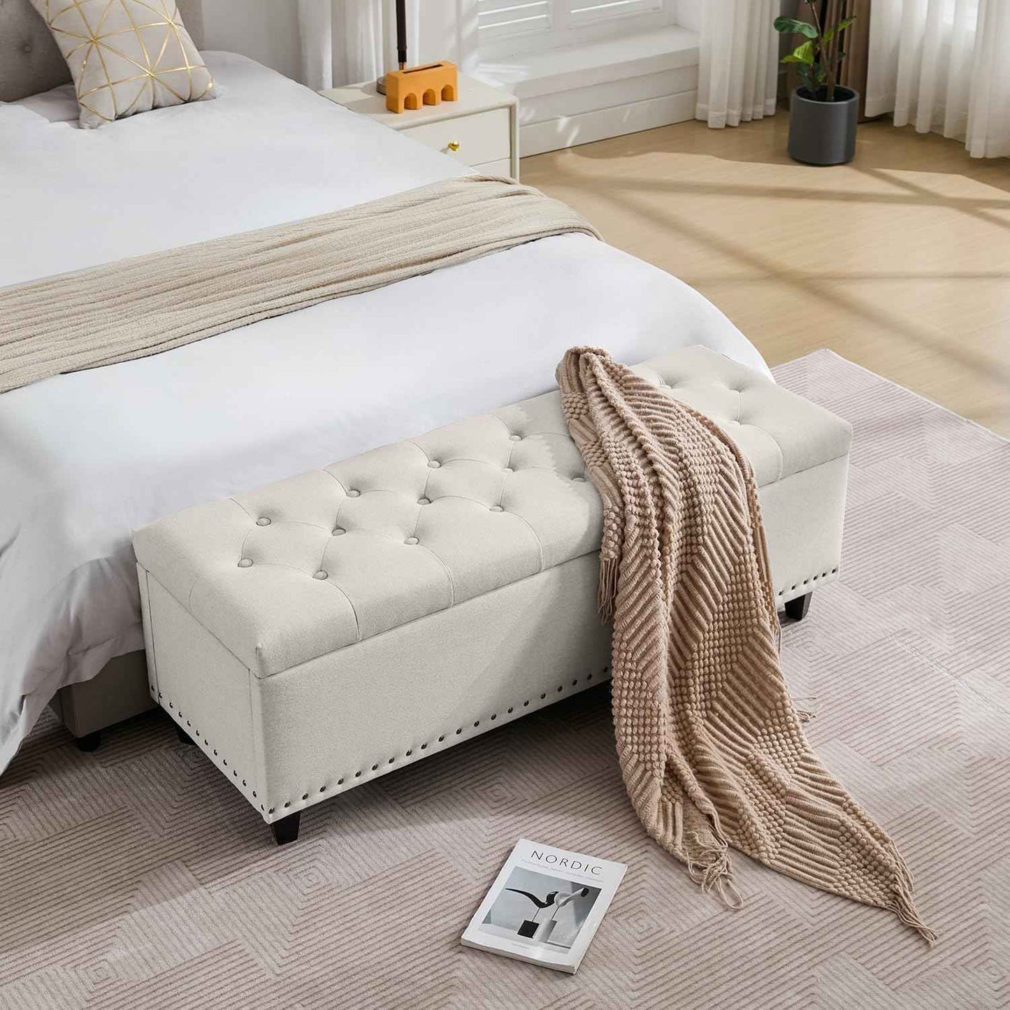 Tbfit Ottoman with Storage, 50.8" Upholstered Button Tufted End of Bed Bench with Safety Hinge & Rivets, Large Entryway Bench, Foot Rest Stool for Bedroom, Living Room (Beige)
