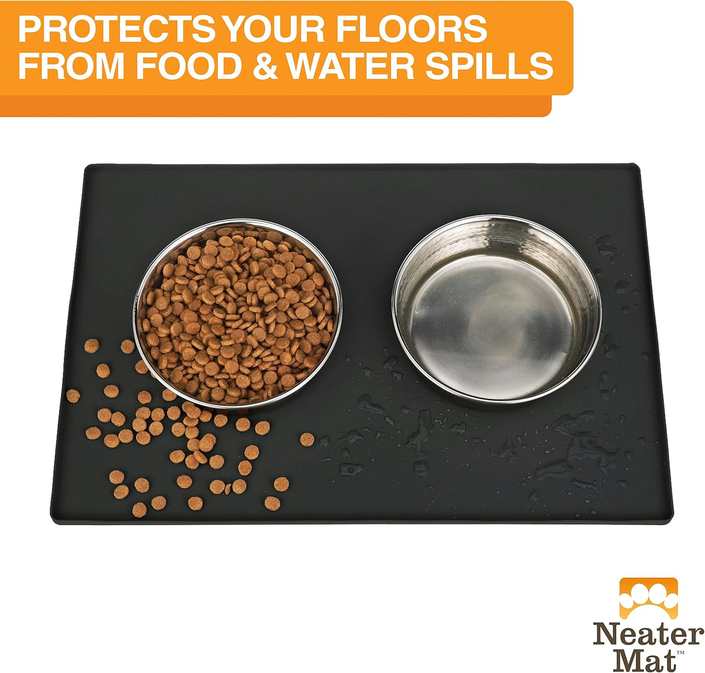 Neater Pet Brands Neater Mat Pet Mats for Food and Water, Cat & Dog Bowl Mat Waterproof Silicone, Feeding Tray, Dog Food Mats for Floors, Placemat w/Raised Edge for Under Bowls, 24" x 16", Black