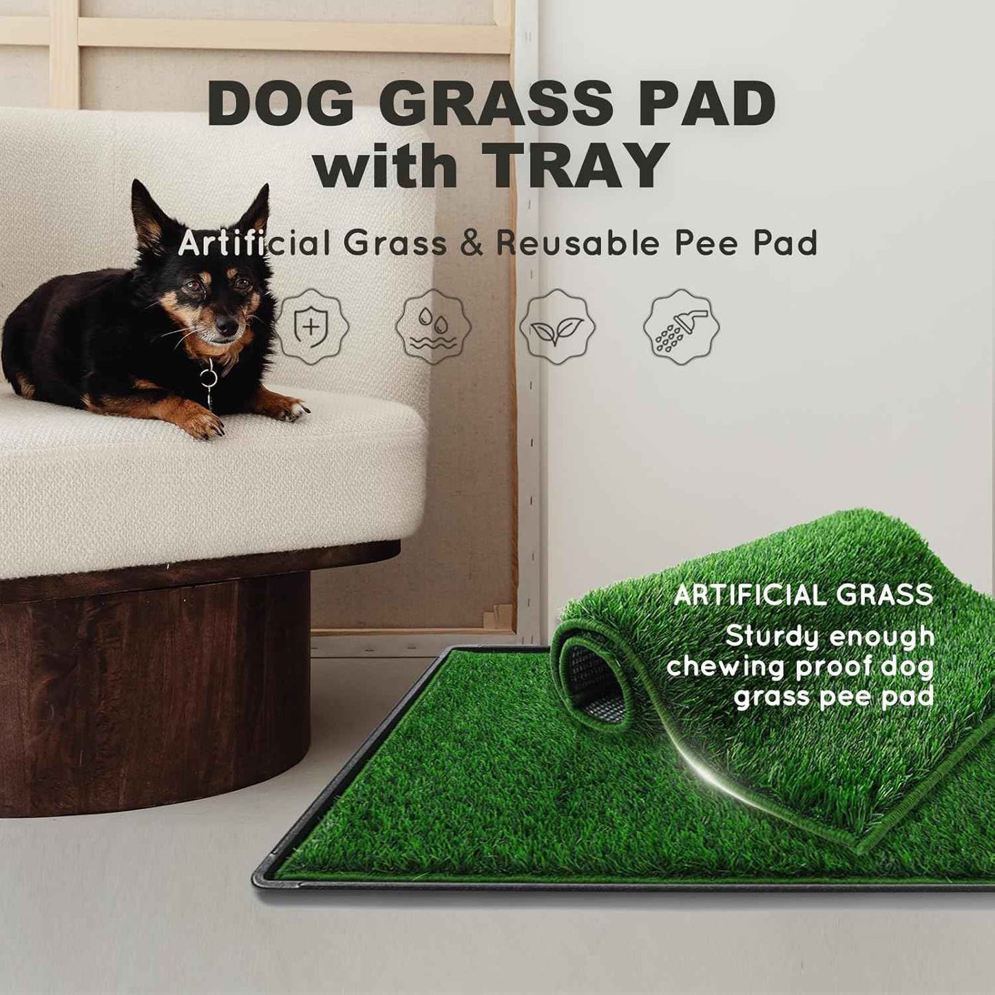 HQ4US 4LEGS Dog Grass Pad with Tray Large 34’’×23’’, Ultra-Absorbent Artificial Grass Pad for Dogs Potty Grass Hemmed Edge for Indoor Potty Training, Reusable Dogs Pee Pads, Dog Litter Box for Balcony