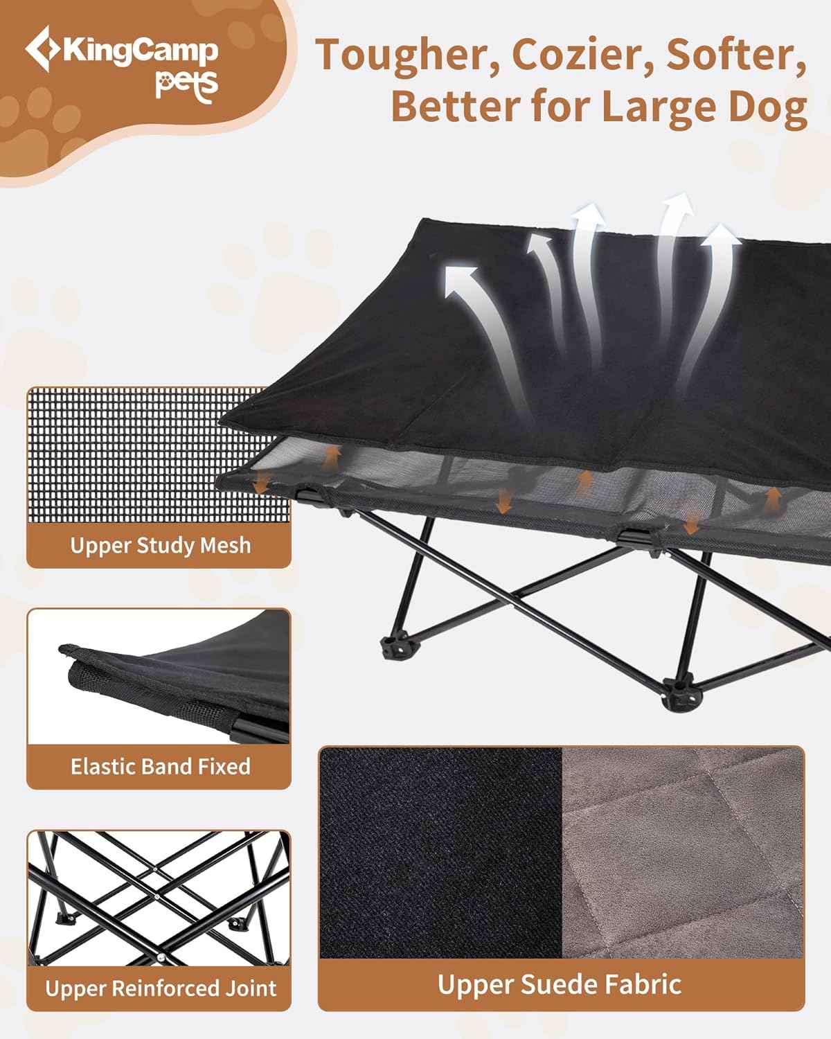 KingCamp Elevated Dog Bed for Large Dogs, Outdoor Raised Cooling Pet Cot Bed with Washable Breathable Mesh & No-Slip Feet Perfect for Camping, Backyard, Indoor Use (Large, Black)