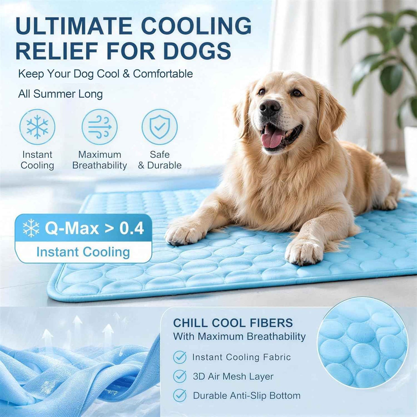 Cooling Mat for Dogs, Breathable Dog Cooling Mat with Q-Max>0.4 Chill Fiber, Washable Portable Dog Crate Pad for Indoor & Outdoor Summer Use, 24" x20“, Blue