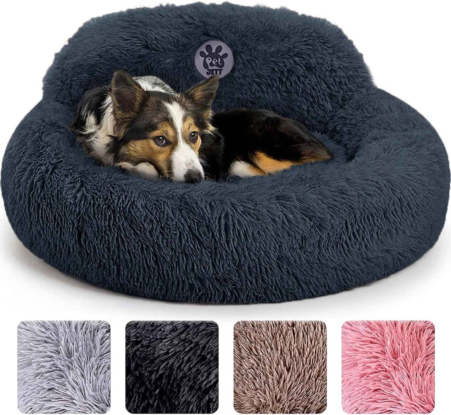 PetJett Calming Dog Bed Medium Size Dog - 30'' Donut Bed, Washable Dog Bed, Anti-Slip & Super Soft Fluffy Plush Round Dog Bed, Anti-Anxiety Premium Comfort Pet Bed, Fits Dogs Upto 45 lbs - Dark Grey