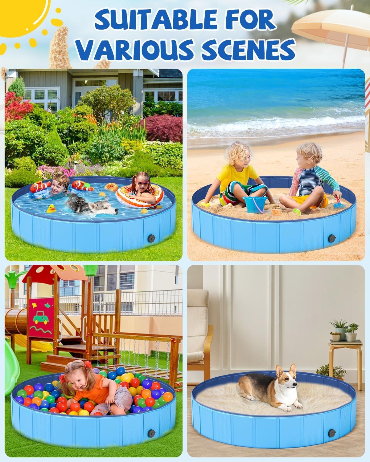 YSJILIDE Portable Dog Pool PVC Pet Swimming Pool Bathtub Collapsible Dog Pool, Hard Plastic Pool for Pets to Swim and Bath (XXL-71"x 12" Blue)