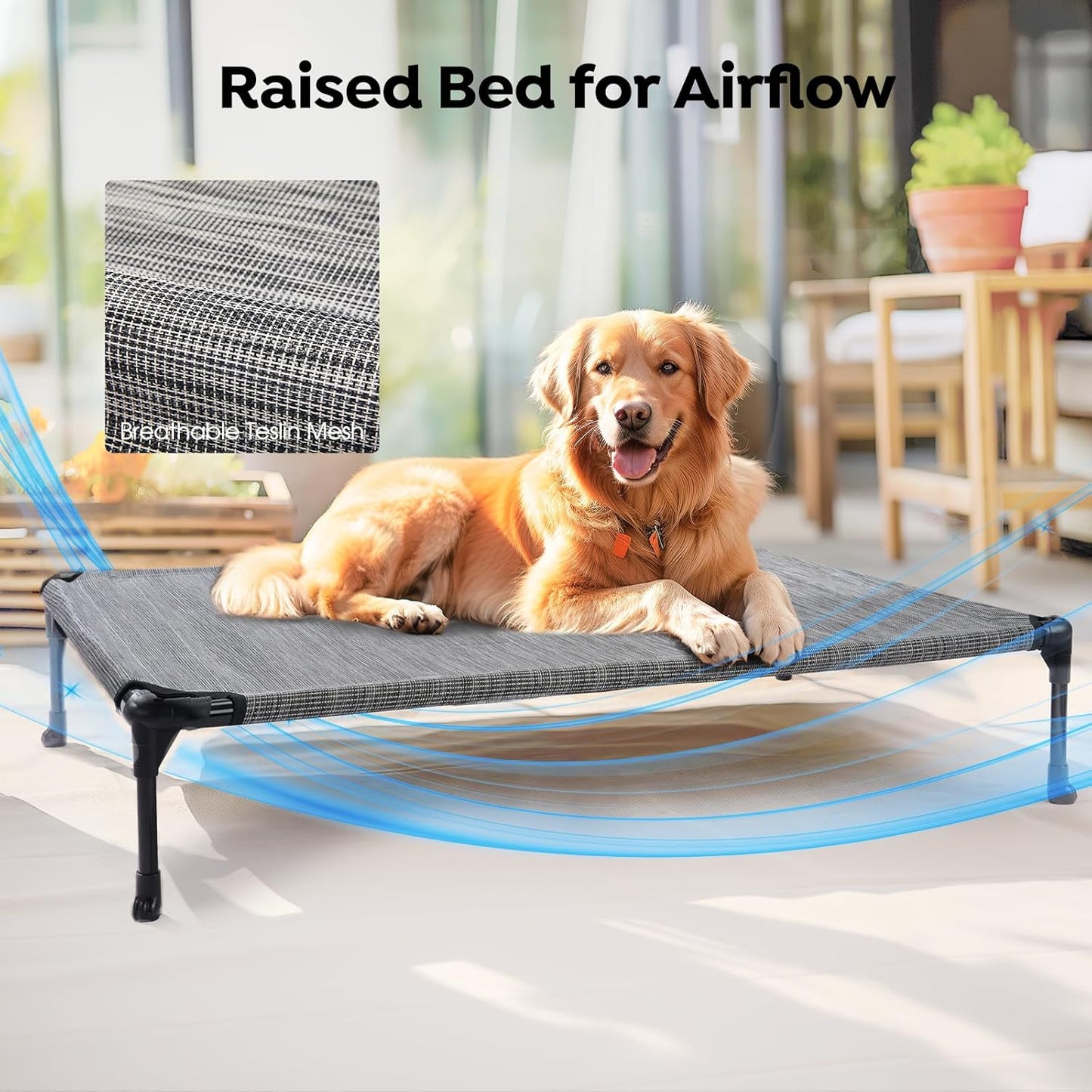 Veehoo Cooling Elevated Dog Bed Add Removable Waterproof Bolster Cushion Mat, Raised Pet Cot with Breathable Teslin Mesh, No-Slip Feet, Dog Couch Bed for Indoor Outdoor, Large, Black Silver